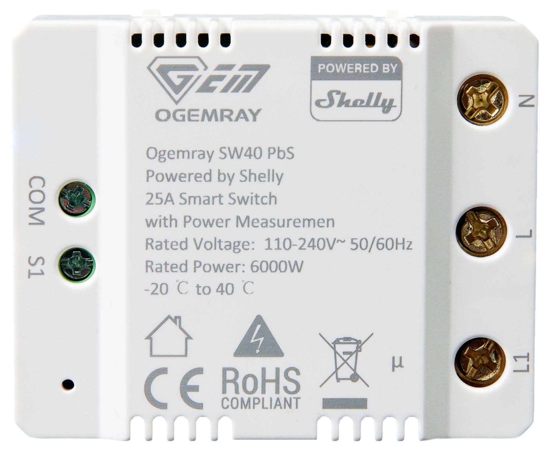 Interruttore intelligente 'Ogemray SW40 PbS' con monitoraggio dei consumi, max 25A e 6000W, gestito da Shelly. Adatto per 110-240V, 50/60Hz.