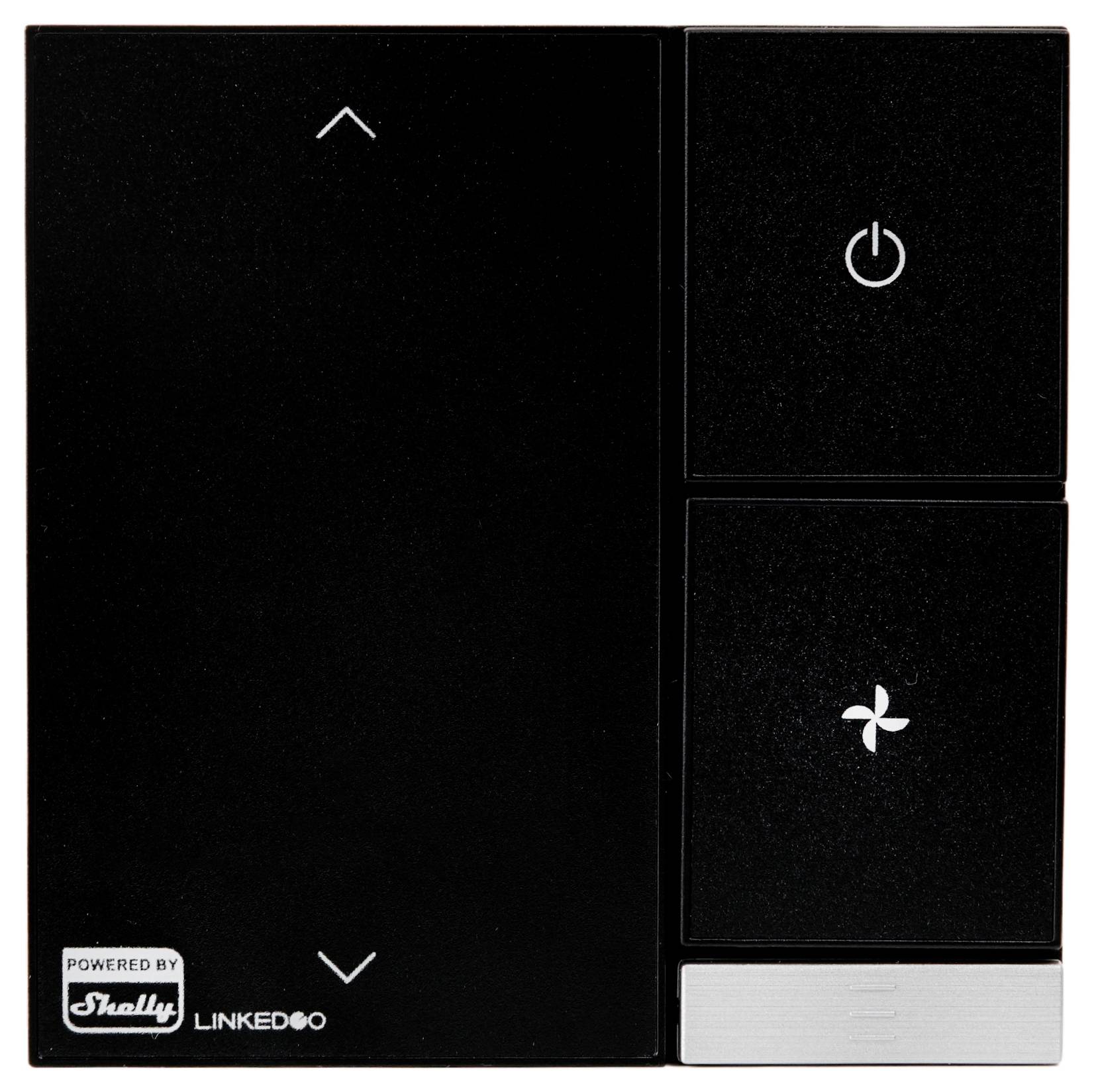 Interruttore nero con due grandi tasti, uno in alto e uno a destra, entrambi con simboli: freccia e ventola. Contrassegnato con testo 'Powered by'.