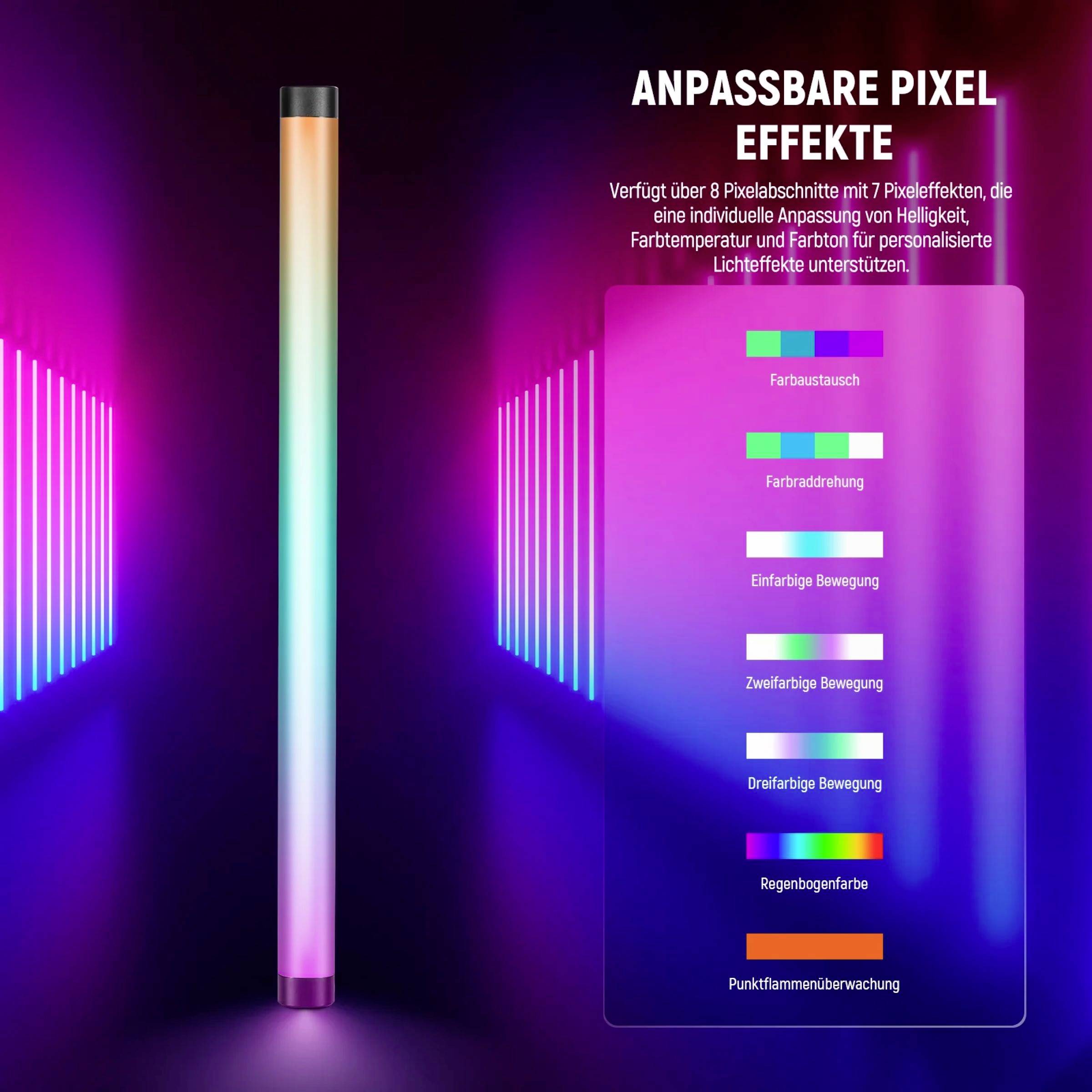 Una lunga barra LED luminosa mostra diversi gradienti di colore. A destra, un testo recita: 'Effetti pixel personalizzabili' con descrizioni degli effetti.