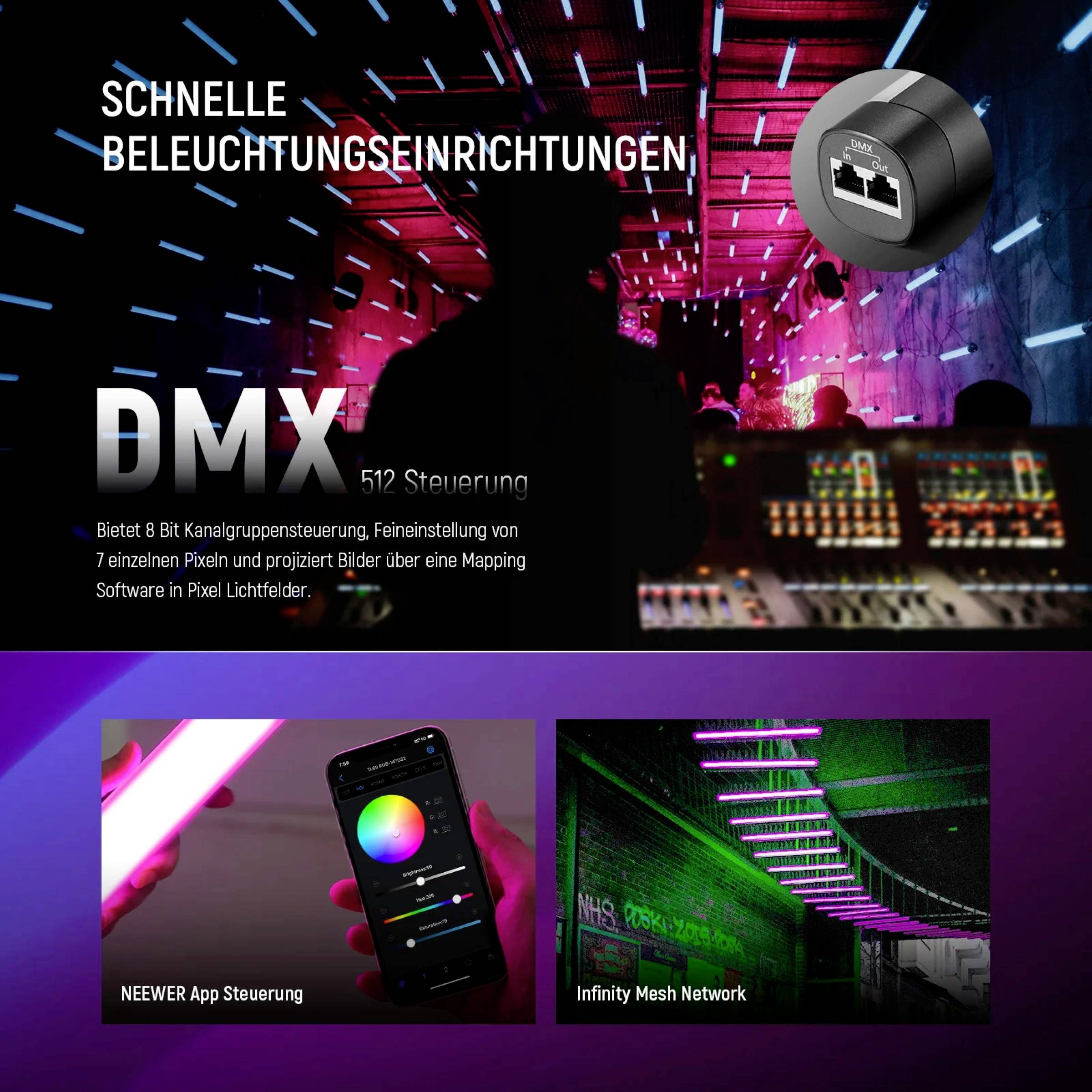 'Controllo DMX 512. Impianti di illuminazione veloci. Software che visualizza immagini in campi di pixel luminosi. Controllo tramite app e rete mesh.'
