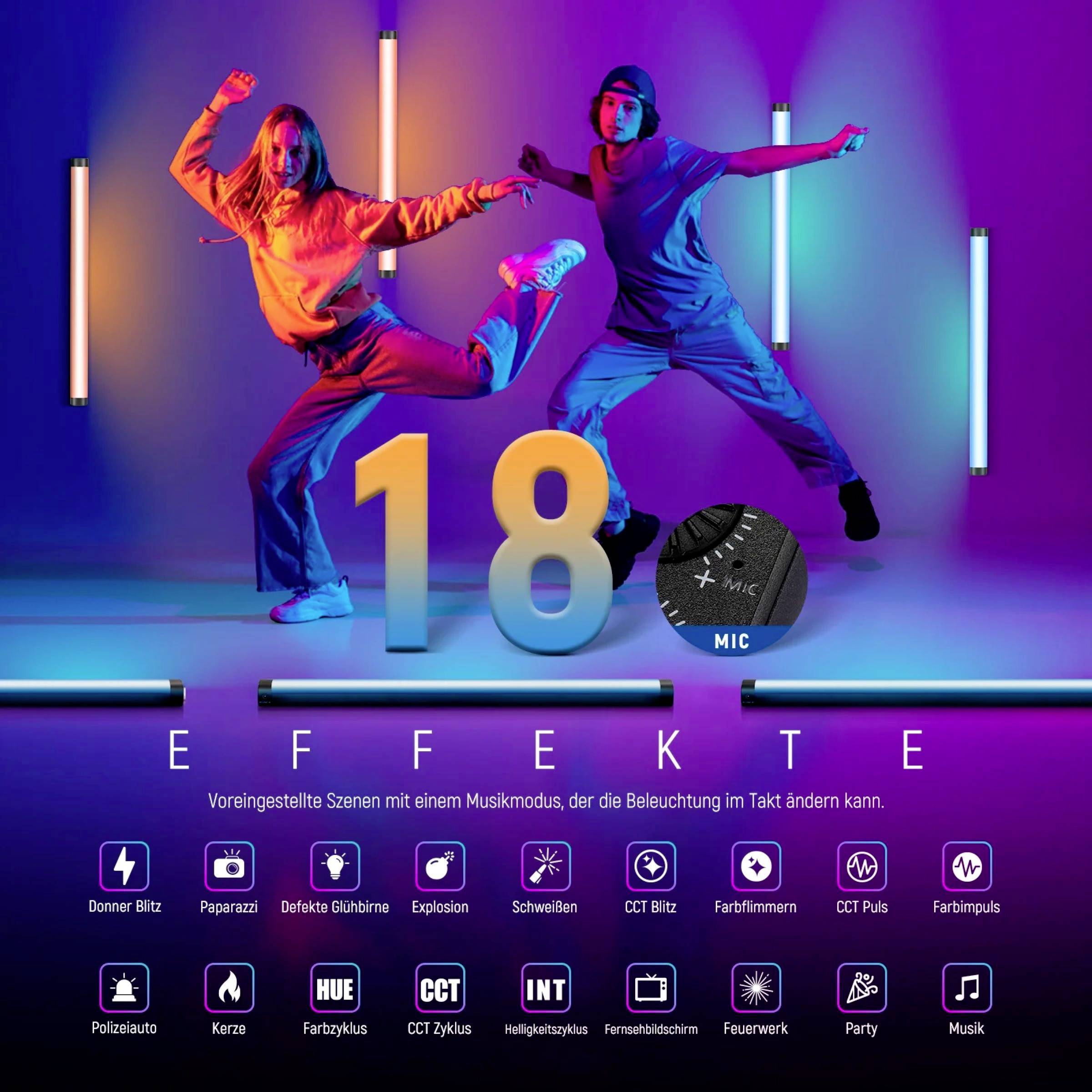 Due persone che ballano con illuminazione colorata ed effetti di luce. Testo: '18 effetti'. Scene sincronizzate con il ritmo musicale.