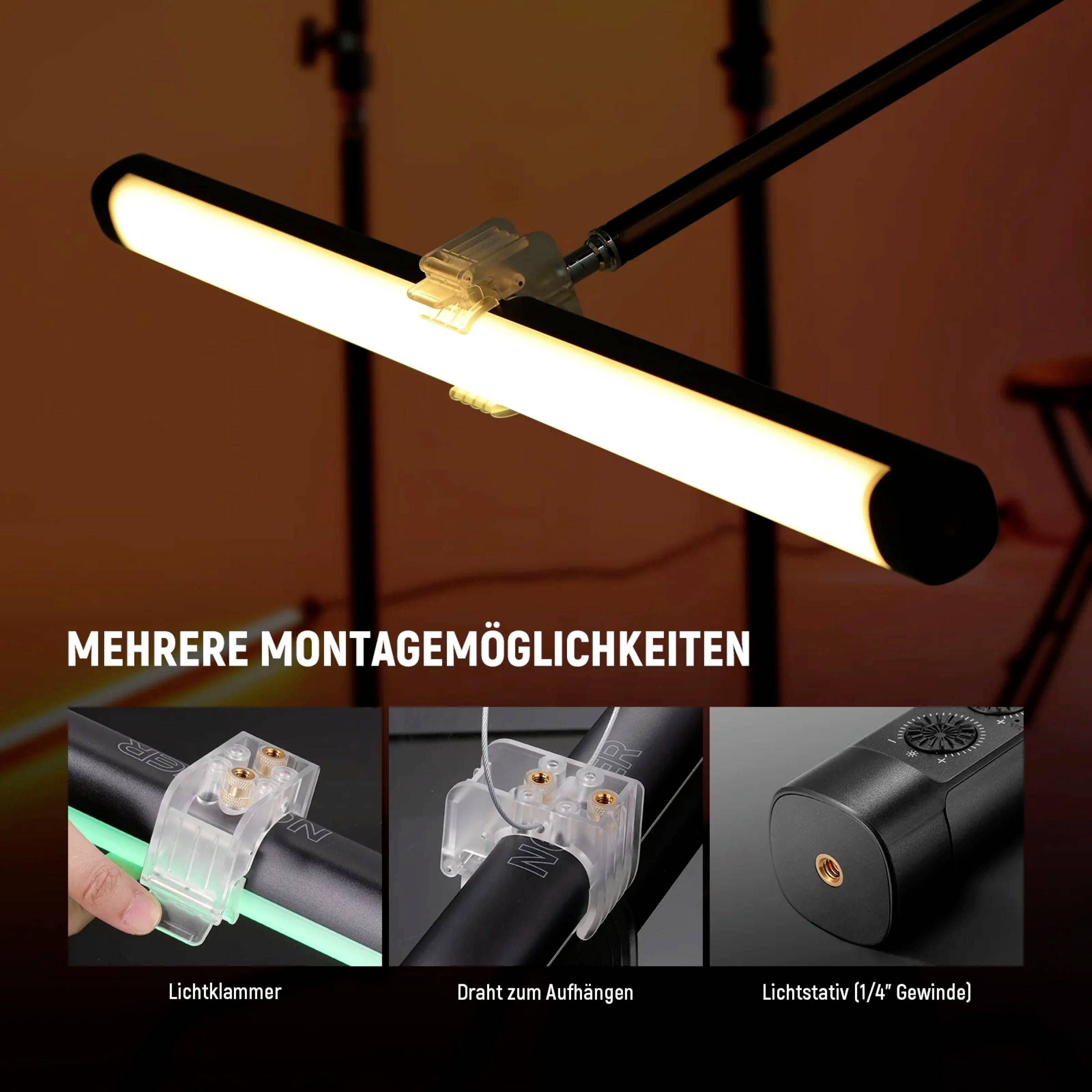 Un'illuminazione LED rettangolare e allungata con diverse opzioni di montaggio, inclusi morsetto, cavo e treppiede.