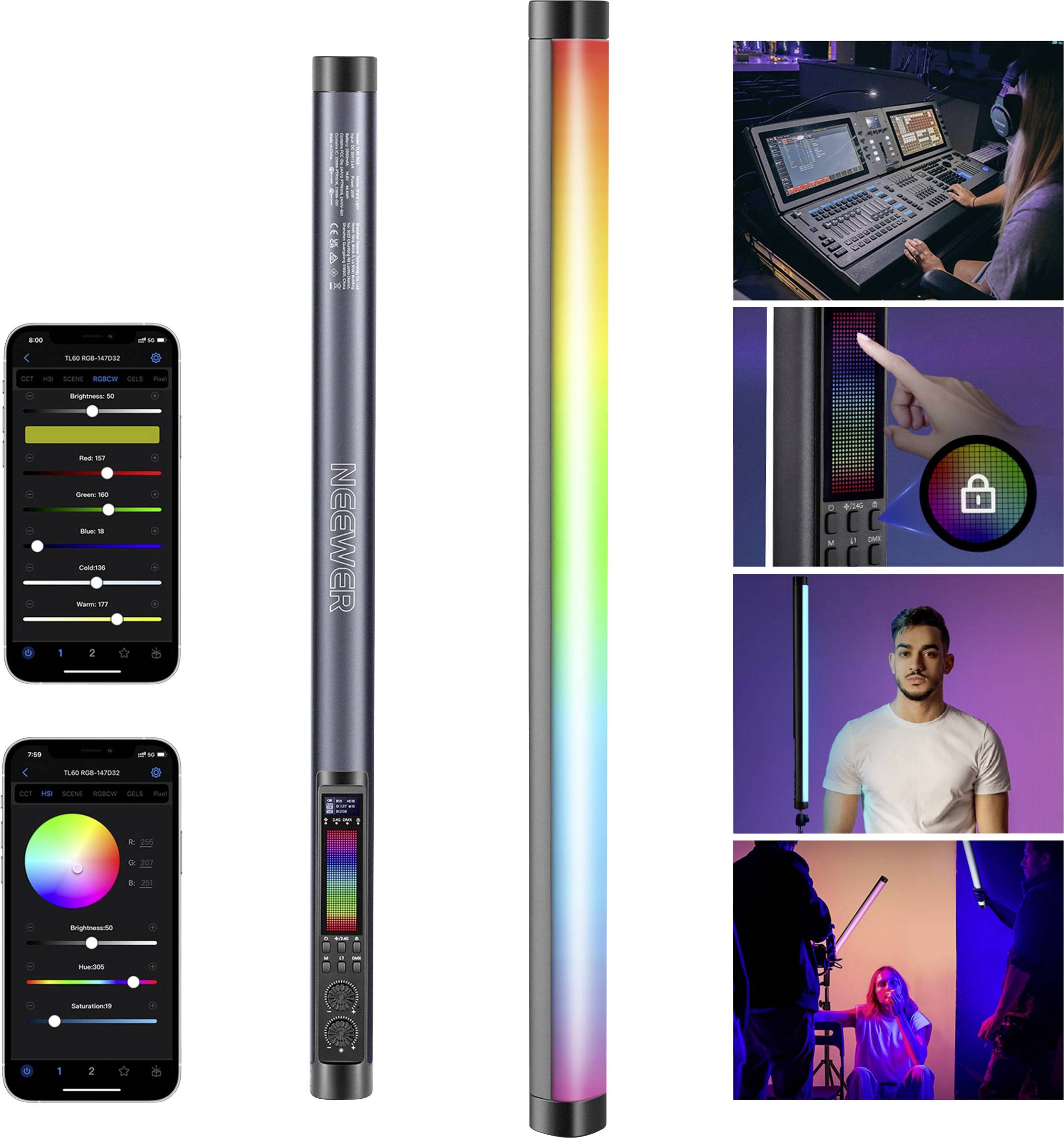 Barra luminosa LED RGB con cambio colore, controllata tramite app per smartphone. Le scene mostrano impostazioni di illuminazione, una console e applicazioni creative.