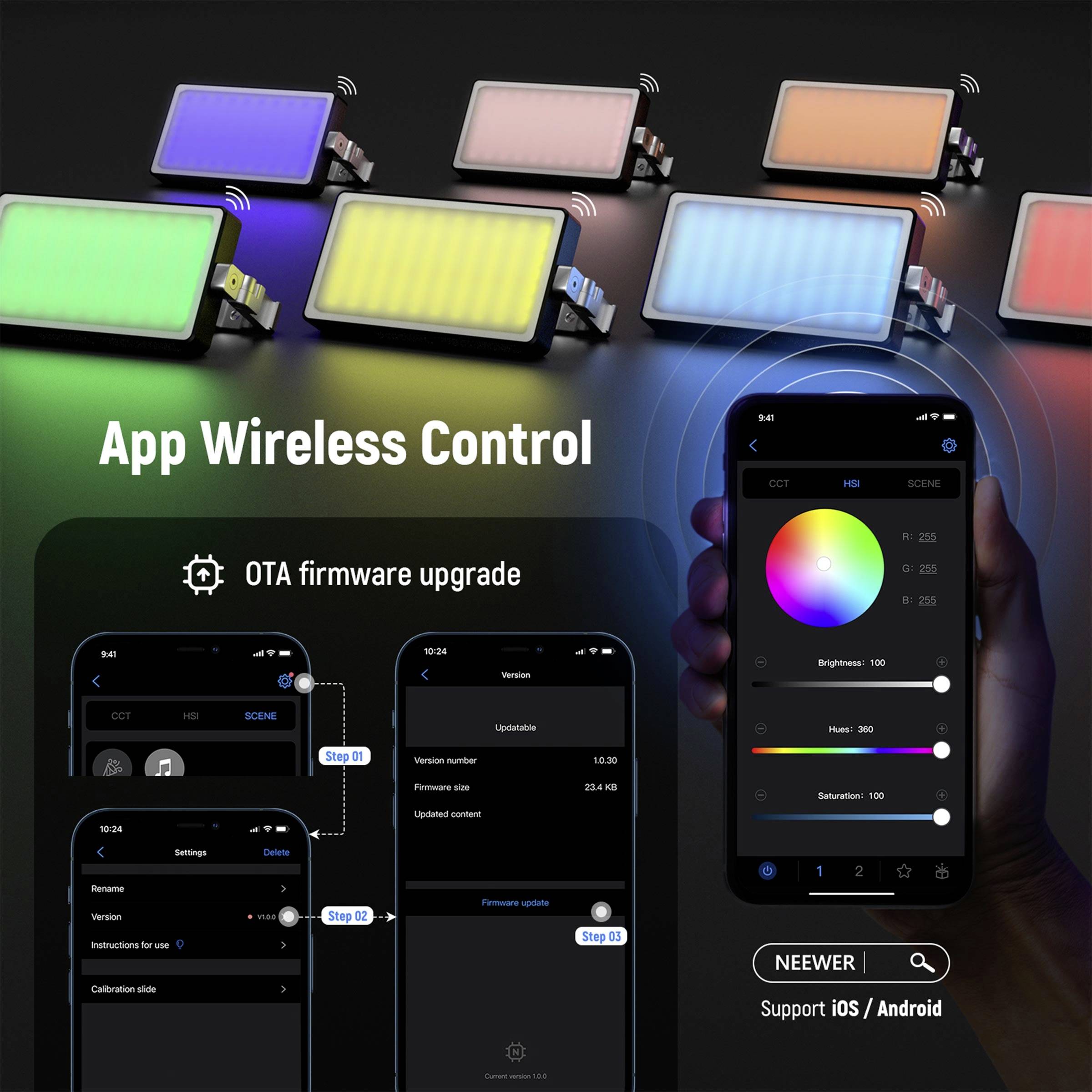 'App Wireless Control' mostra luci LED colorate, controllo dello smartphone tramite app, inclusi aggiornamenti OTA. Supporta iOS/Android.