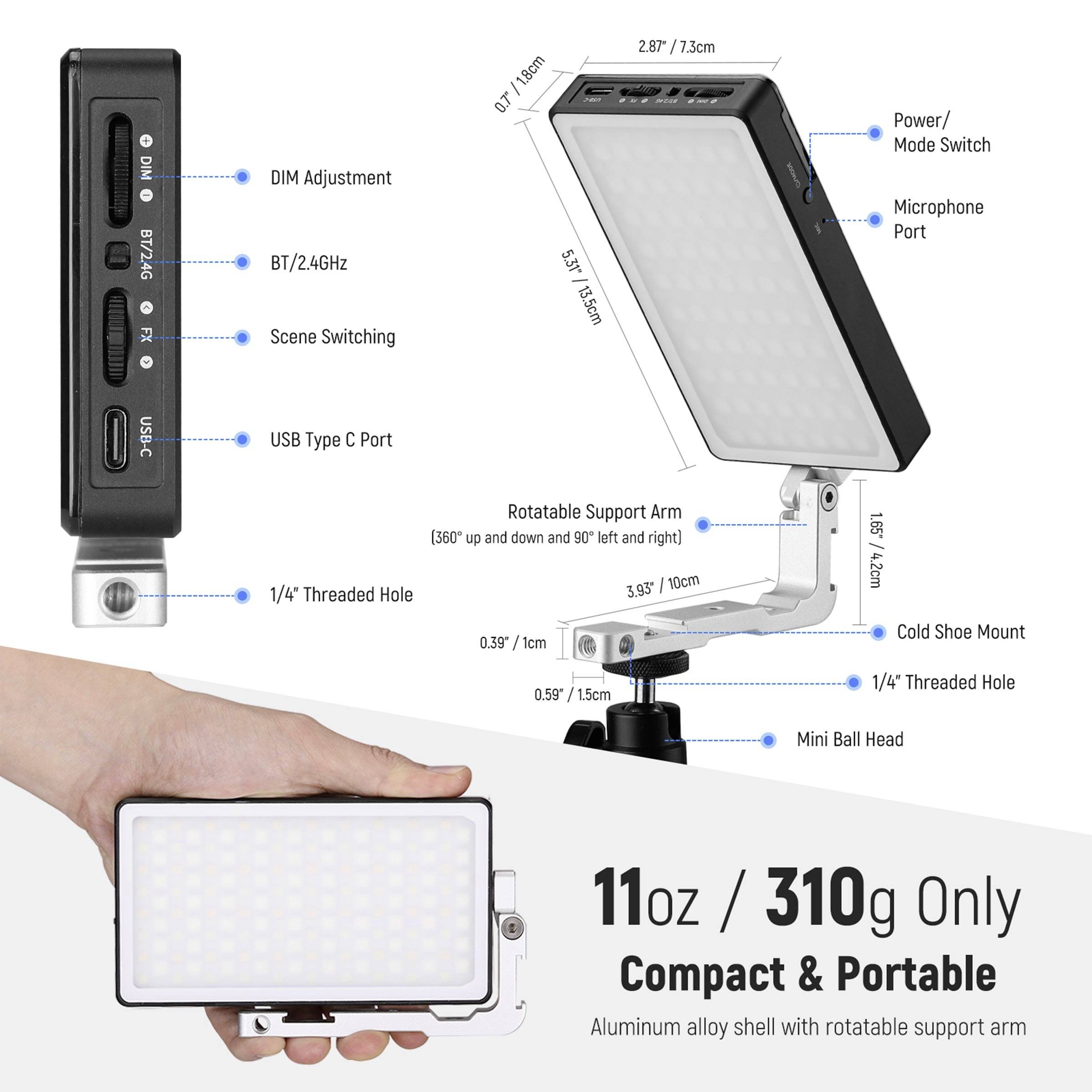 'Luce LED compatta e portatile con luminosità regolabile, connettore USB-C e braccio di supporto regolabile, pesa solo 310 g.'