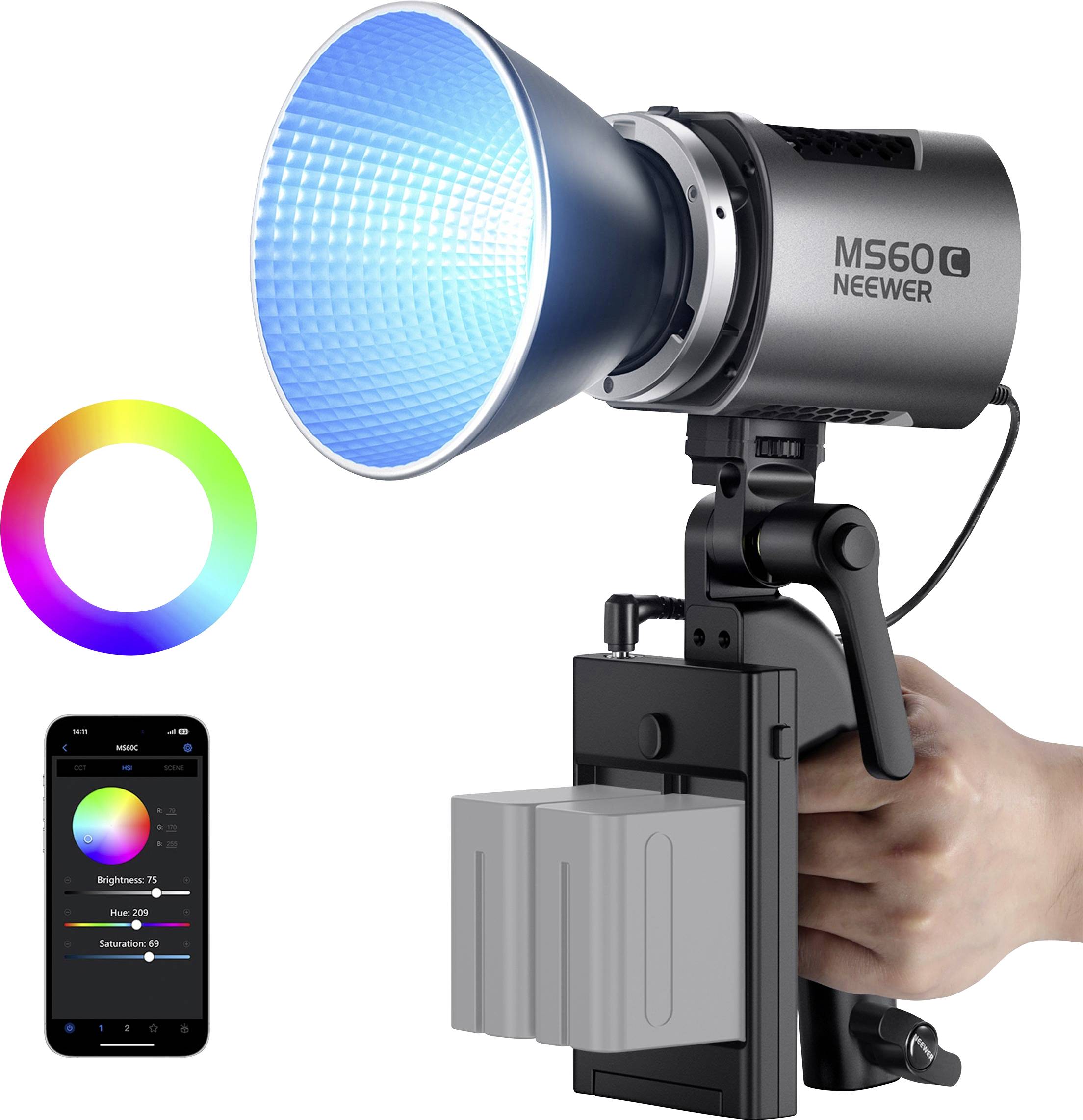 Luce video a LED con controllo tramite smartphone e cerchio cromatico RGB. Mostra le impostazioni di luminosità e saturazione sullo schermo del telefono.
