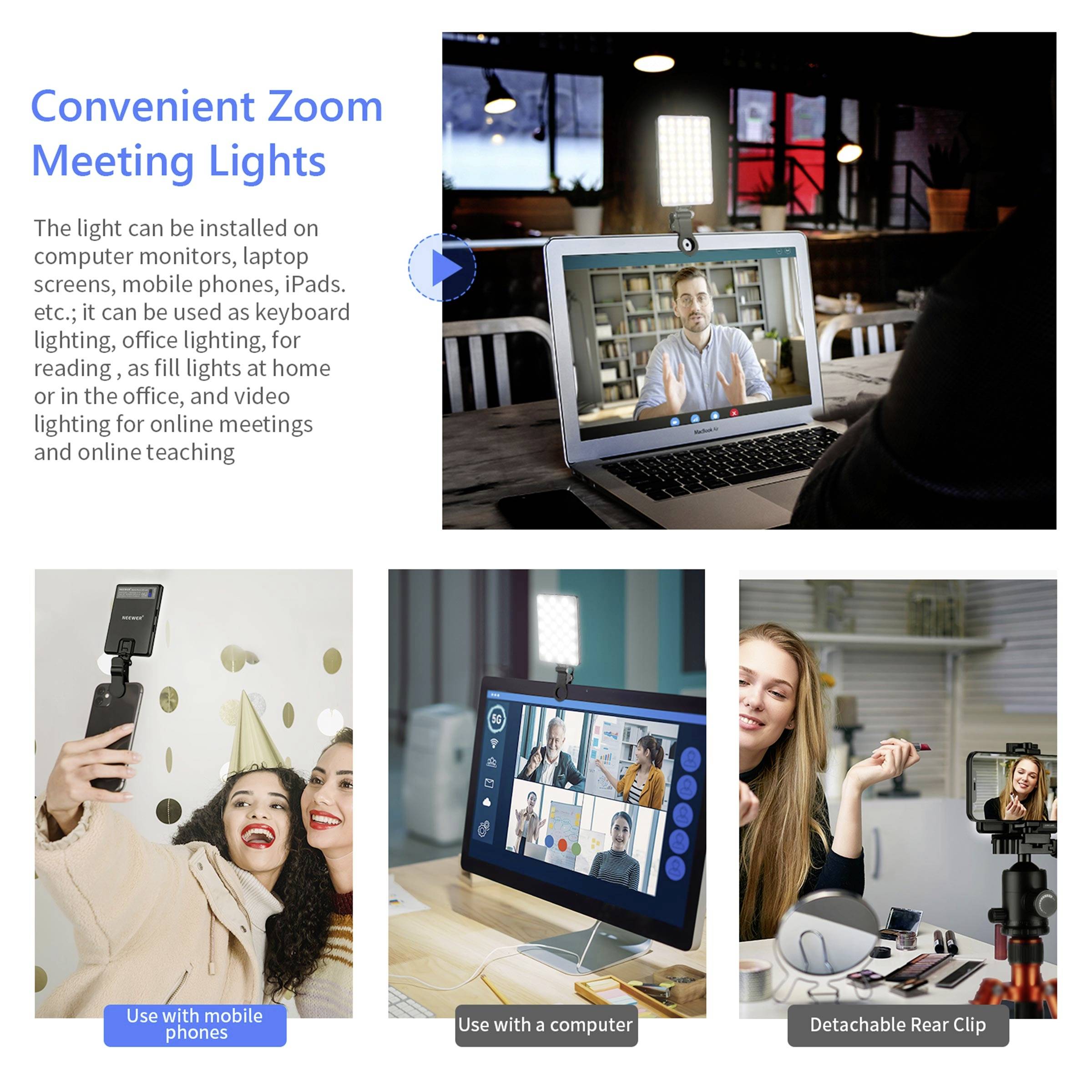 Annuncio di 'Luci per Videoconferenze Zoom Comode' mostra diverse situazioni di illuminazione: su uno smartphone, un computer e un clip rimovibile per videoconferenze.