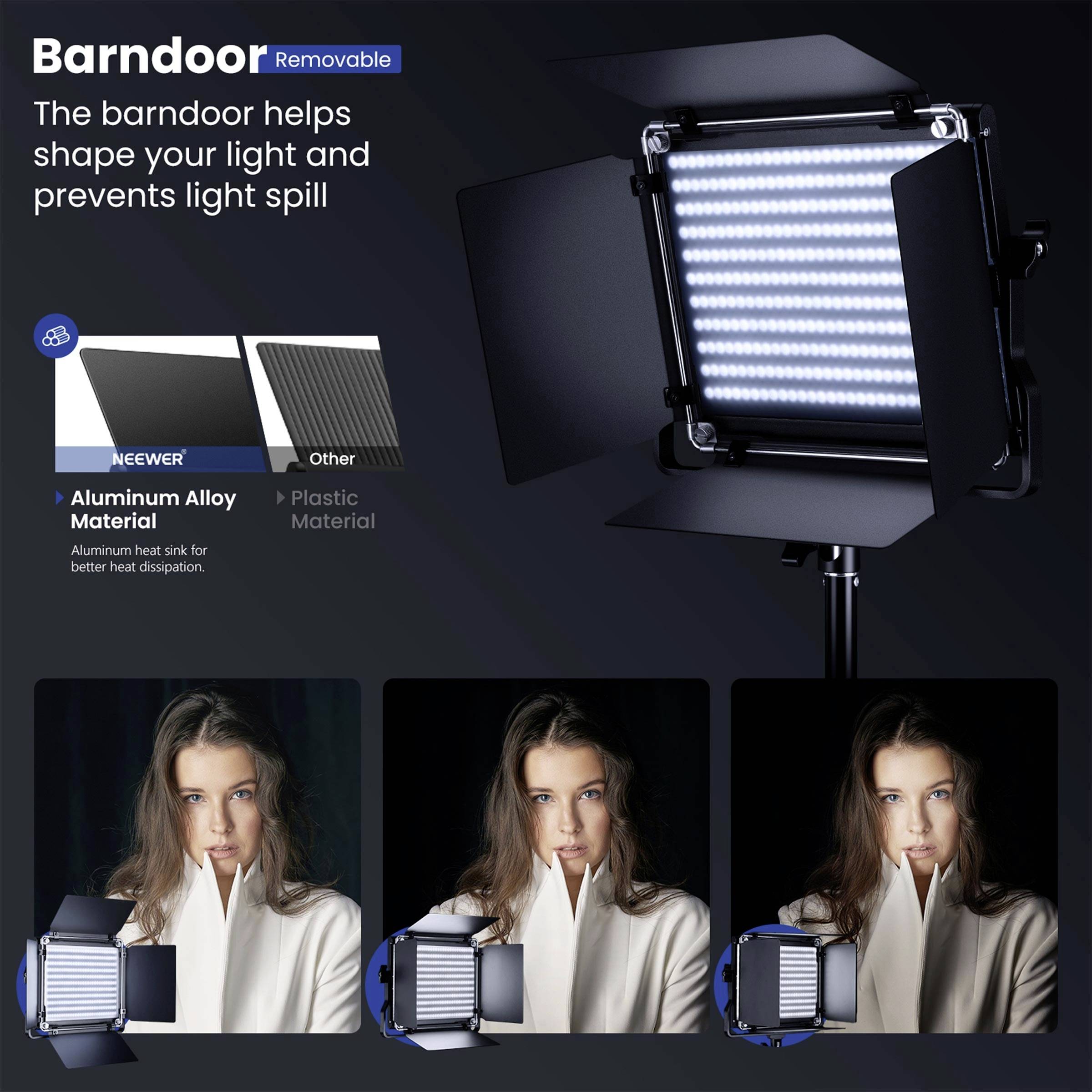 'Barndoor', alette paraluce rimovibili per il controllo della luce. Materiale in lega di alluminio. Tre immagini esemplificative con modello e illuminazione.
