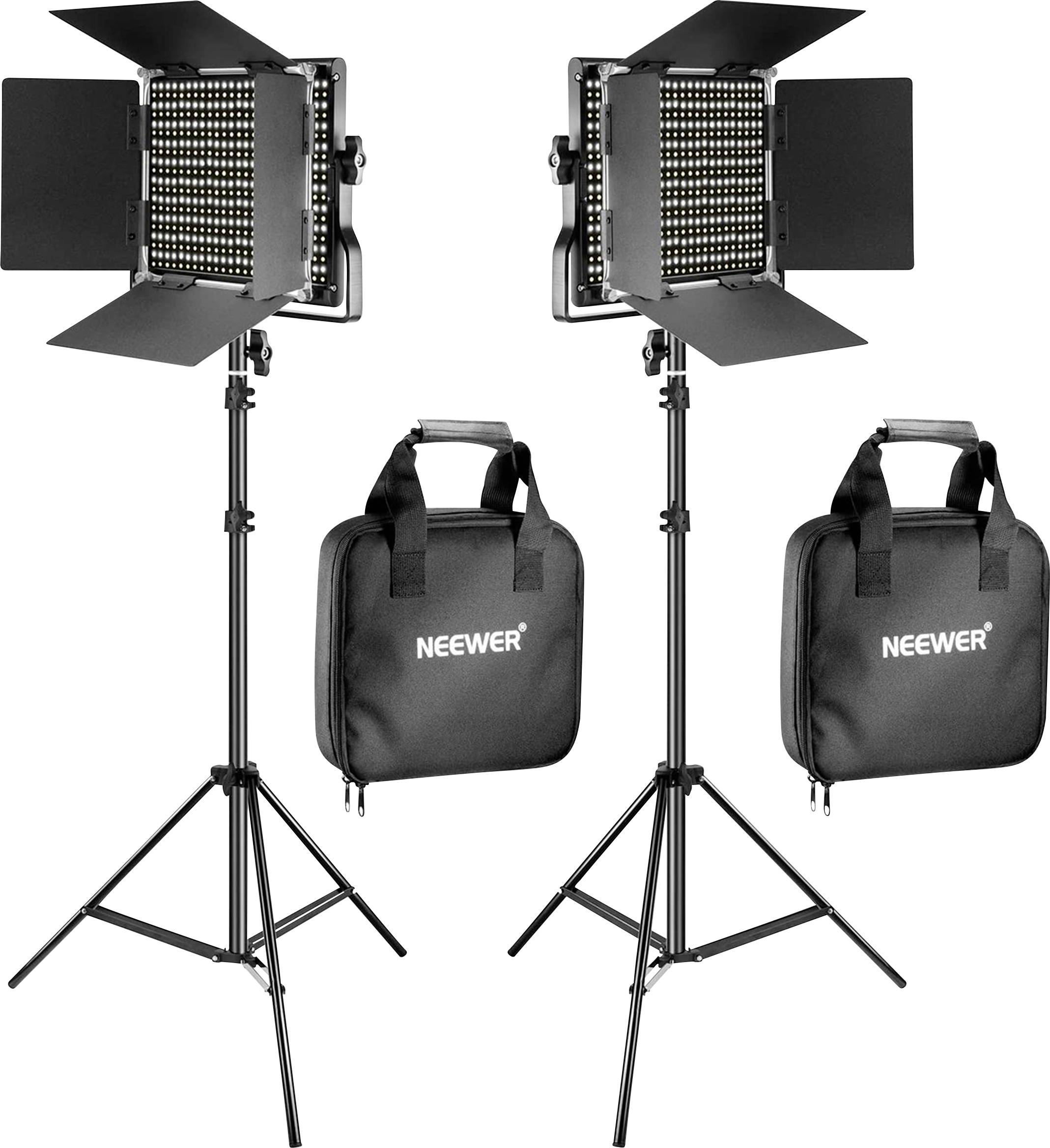 Due luci da studio LED con supporti regolabili e due borse da trasporto. Ideali per fotografia professionale.