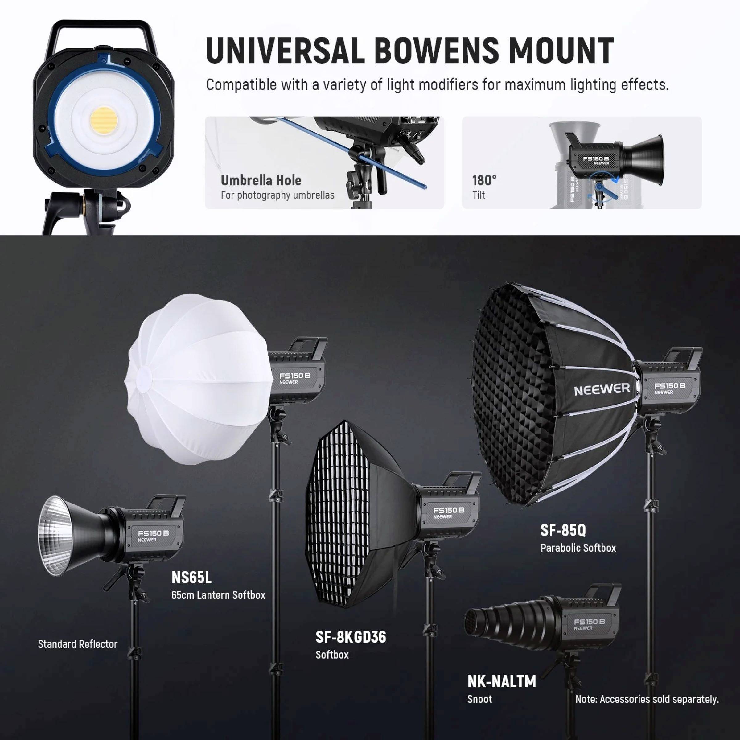 Accessori di illuminazione con attacco Bowens, inclusi softbox a lanterna, softbox parabolica, riflettore standard e snoot.