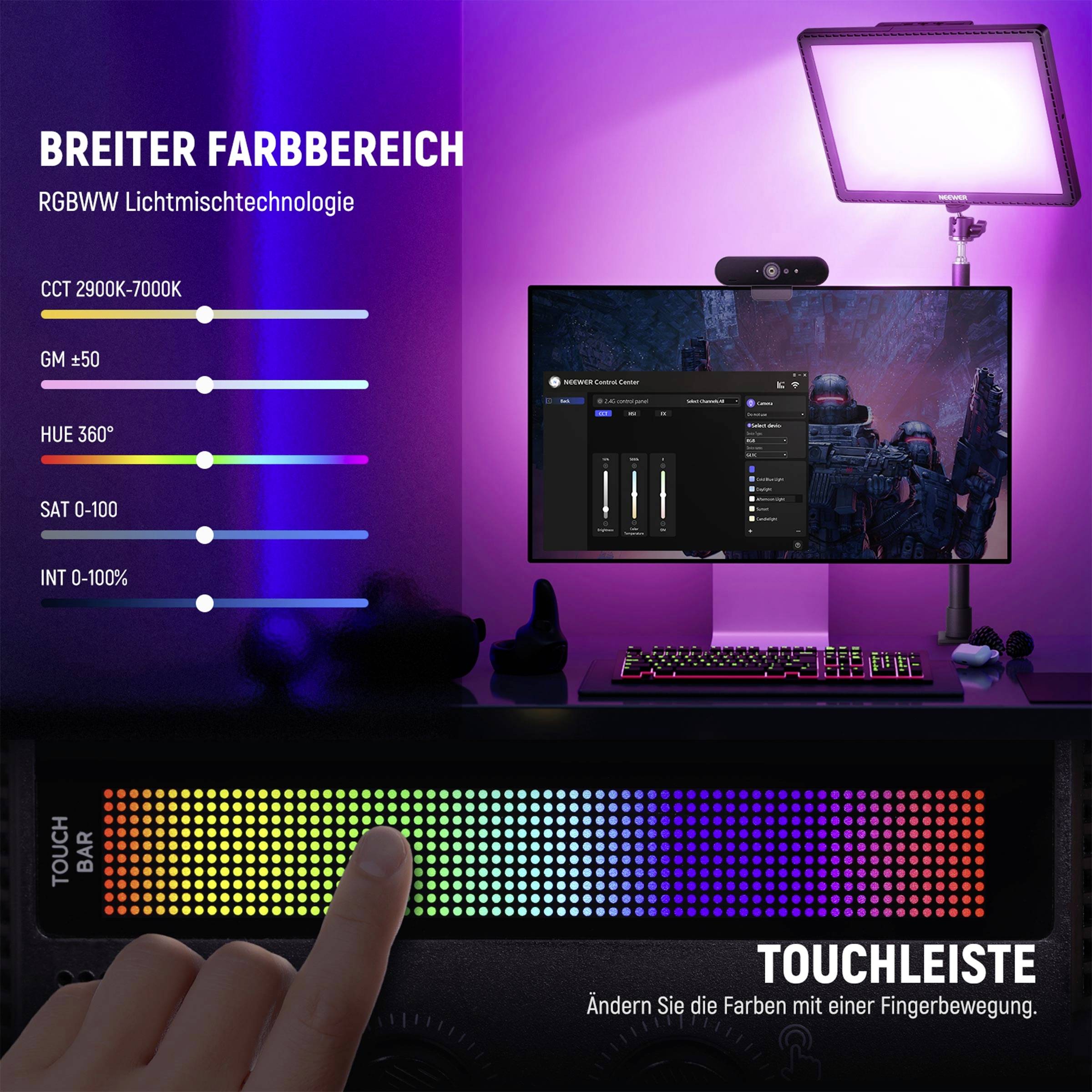 Ampio spettro di colori e barra di scorrimento per modificare i colori nella luce RGBWW. Schermo che mostra il software di controllo, con una visuale della telecamera su una scena cinematografica tridimensionale.
