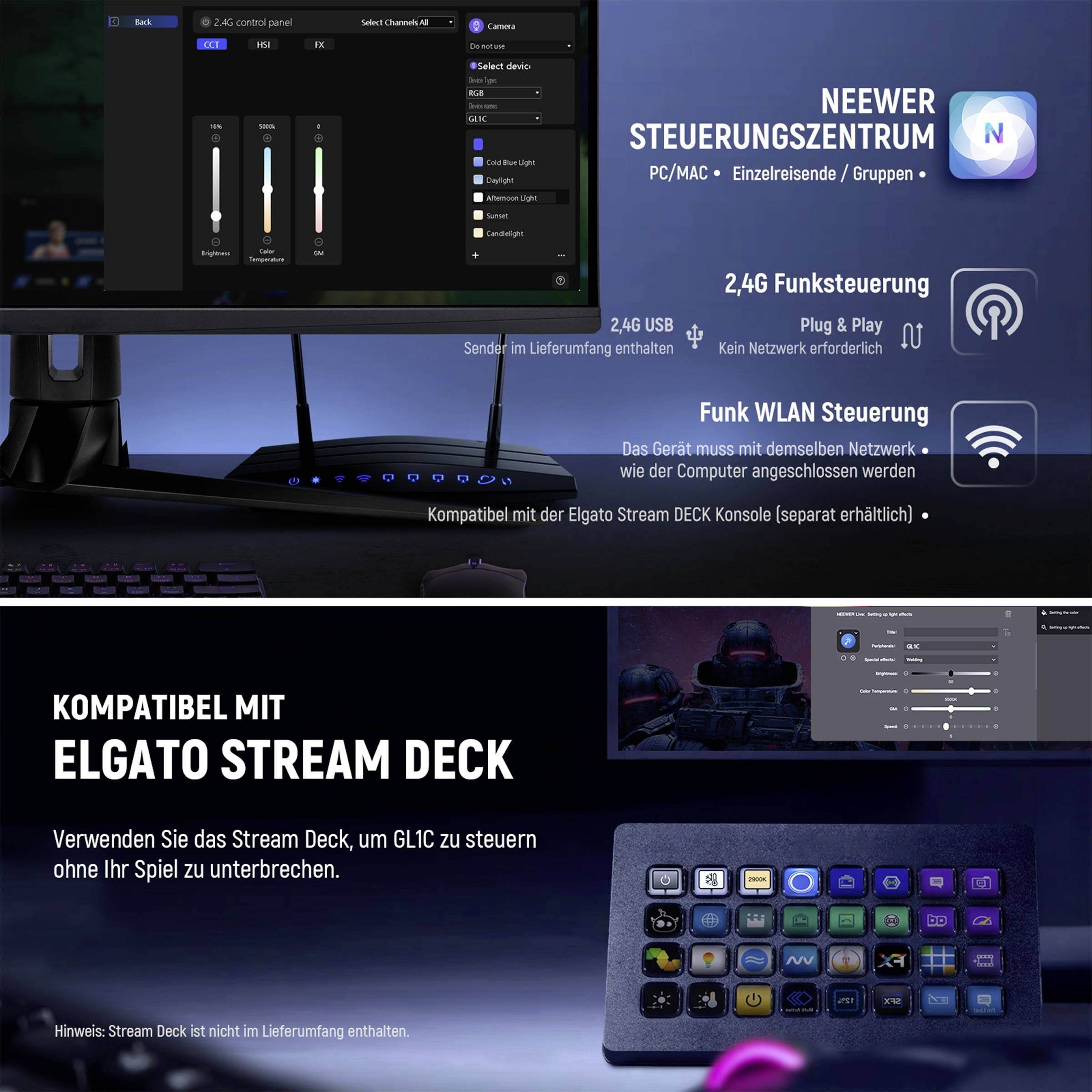 'Compatibile con Elgato Stream Deck. Utilizza lo Stream Deck per controllare GLI.C o ottimizzare il tuo gioco.' Include display del centro di controllo ed esempio di controllo.