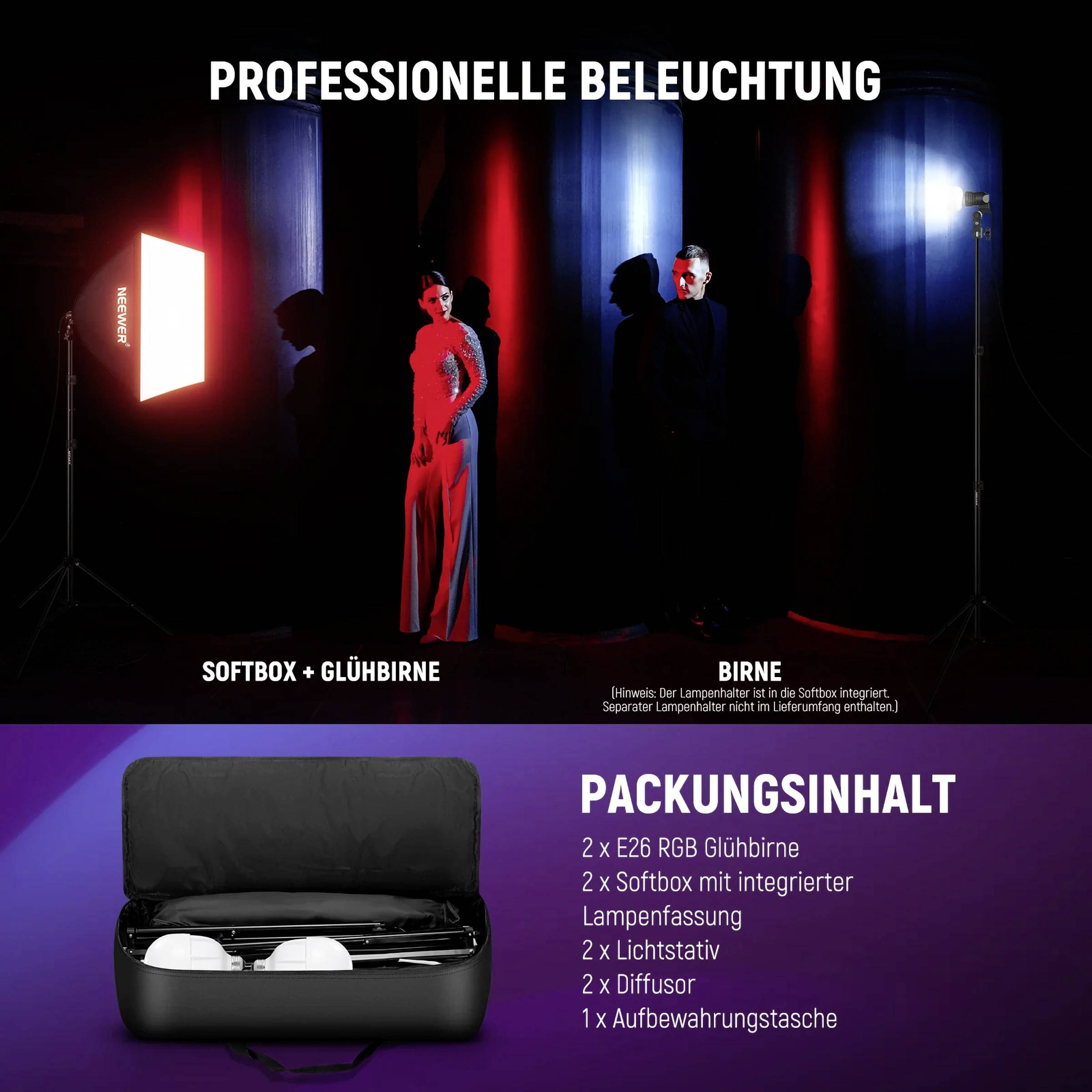 In alto: Due persone sono in piedi davanti a softbox illuminate. In basso: Borsa aperta con attrezzatura di illuminazione. Testo: 'Contenuto della confezione'.