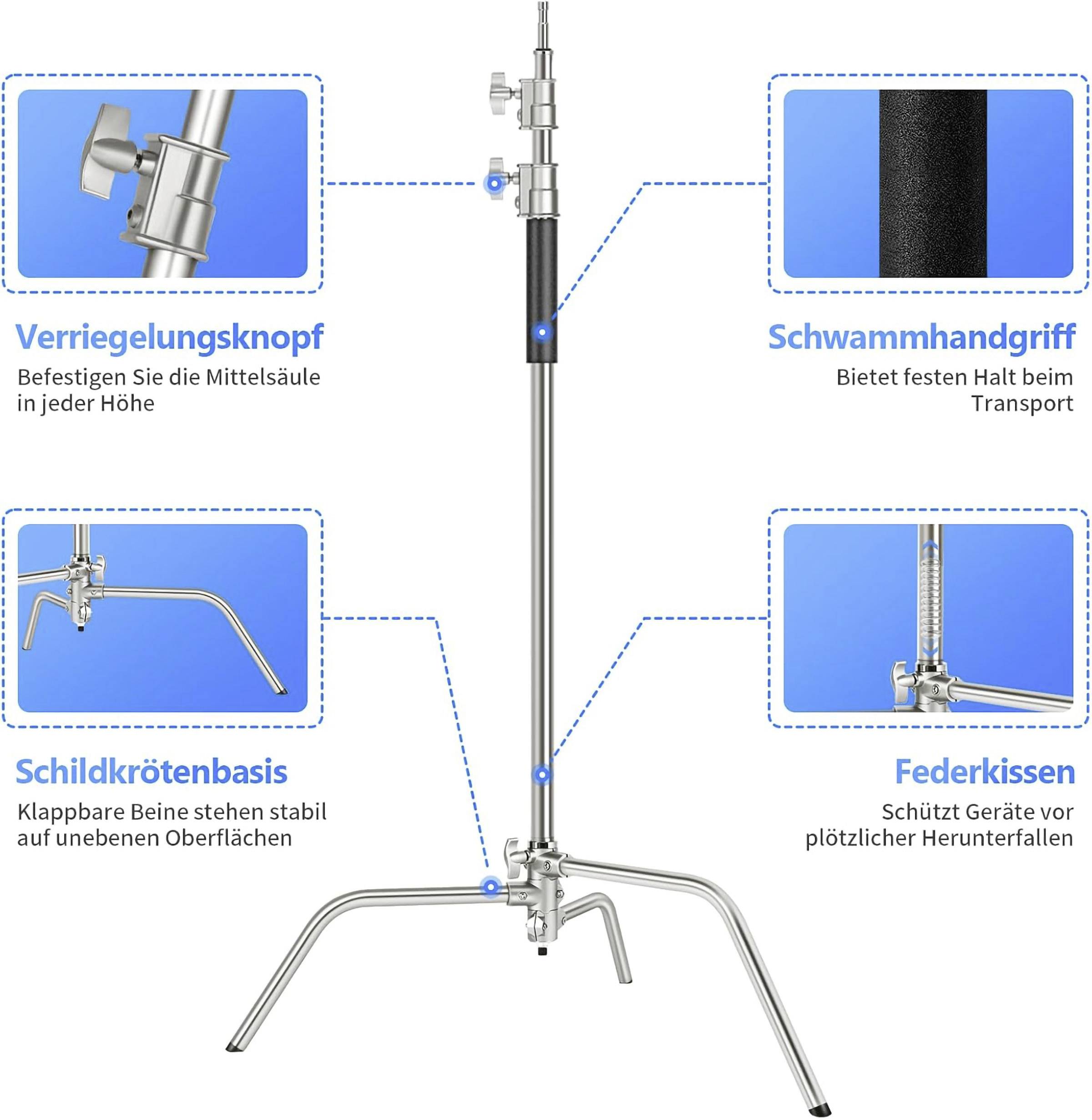 Supporto luminoso regolabile in altezza con gambe stabili, impugnatura in spugna per un trasporto agevole, base a forma di tartaruga e cuscinetto ammortizzatore per la protezione dell'attrezzatura.