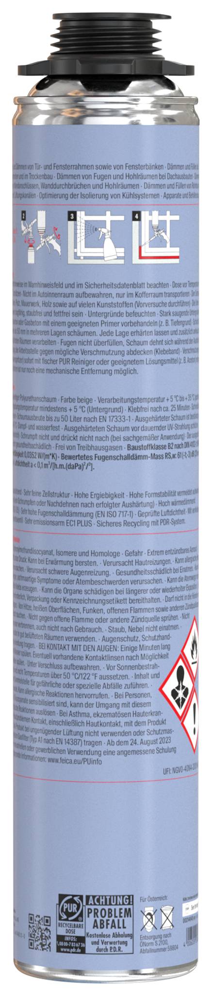 Vista posteriore di un'alta bomboletta spray con etichetta blu-grigia, testo di sicurezza denso, piccoli diagrammi di manipolazione e un simbolo di pericolo infiammabile vicino al fondo.
