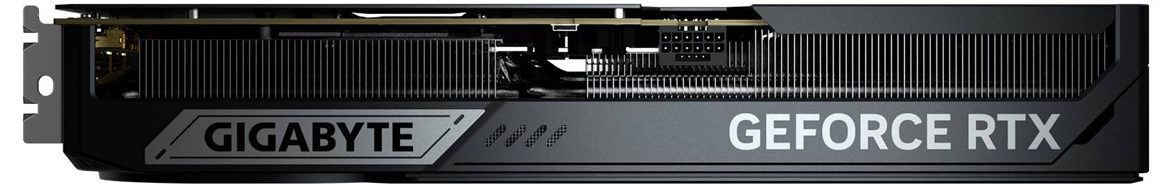 Scheda grafica Gigabyte, modello 'GEFORCE RTX', vista laterale con ventole e morsetti di connessione visibili.