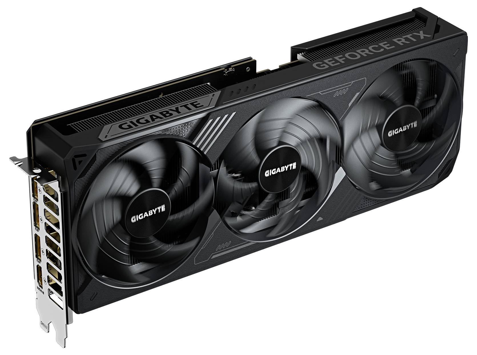 'Scheda grafica GIGABYTE GeForce RTX con tre ventole e multiple opzioni di connessione. Adatta per computer ad alte prestazioni.'
