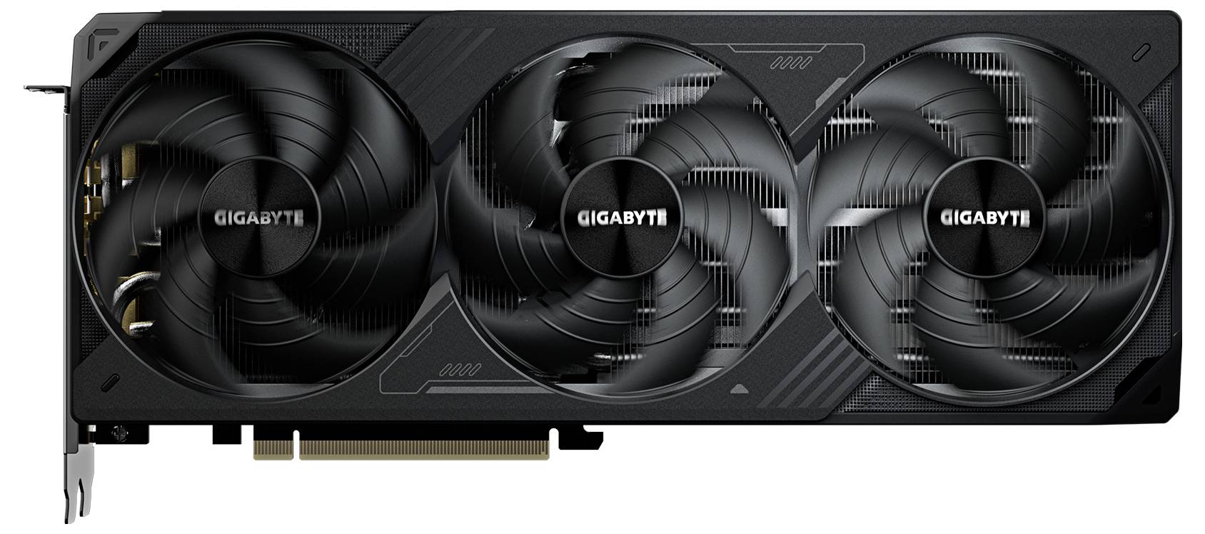 Scheda grafica Gigabyte con tre grandi ventole, design nero, pin laterali per l'alimentazione, adatta per PC da gaming.