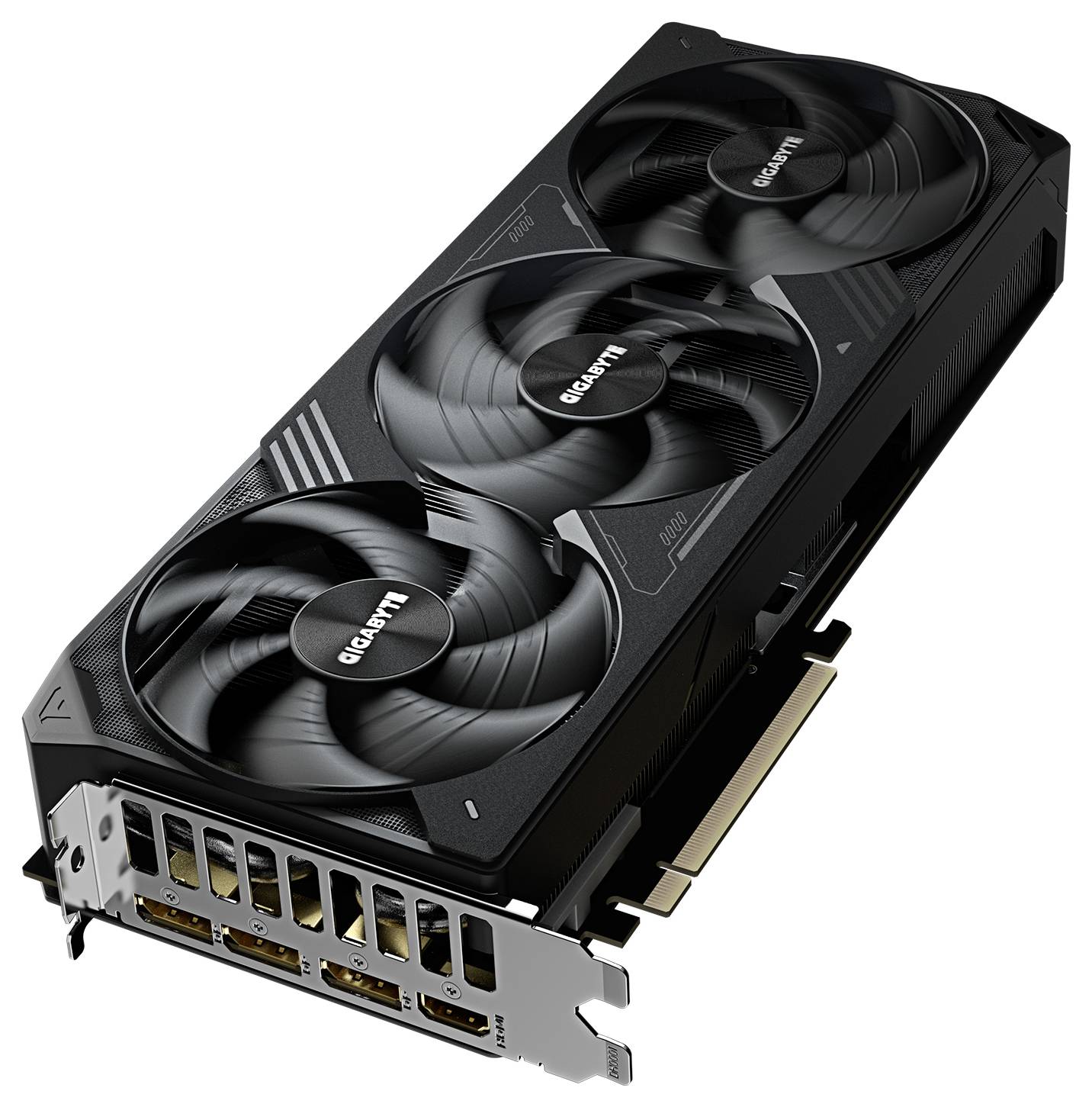 Scheda grafica Gigabyte con tre ventole, dotata di porte per monitor e alimentazione, ideale per PC da gaming.