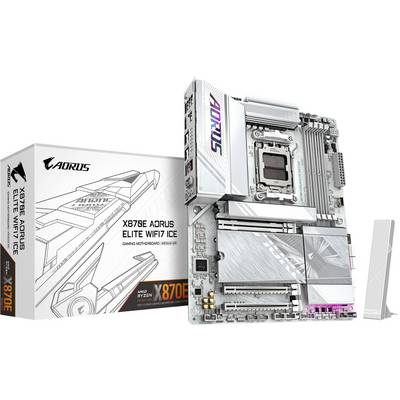 Scheda madre 'X670E AORUS ELITE WIFI7 ICE' accanto alla confezione. Include compatibilità con AMD Ryzen. Design bianco e futuristico.