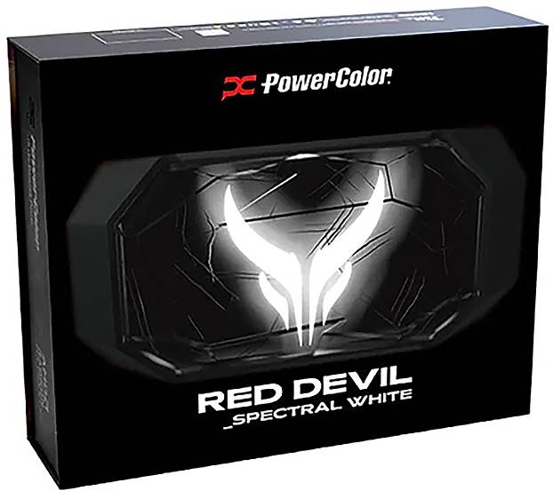 Un imballaggio nero con la scritta 'PowerColor' e un logo a forma di testa di diavolo luminoso al centro. Il testo 'Red Devil Spectral White' è visibile in basso.