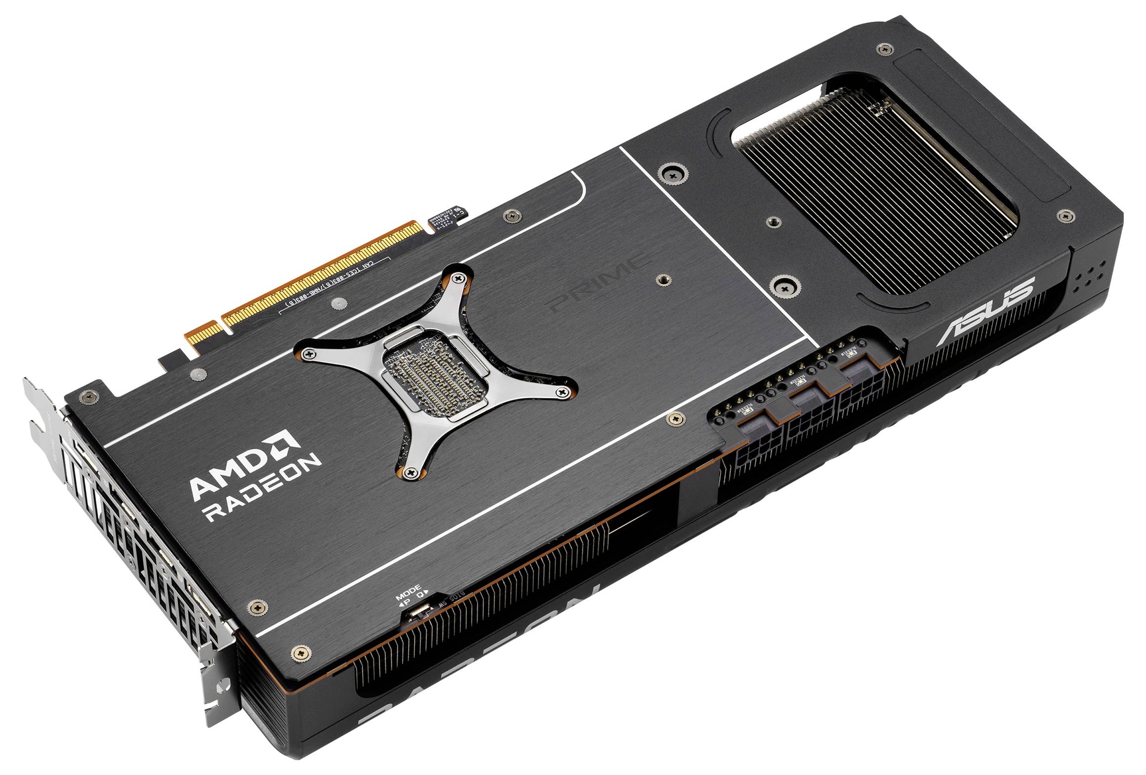Una scheda grafica AMD Radeon di ASUS, vista lateralmente, mostra le aperture dei ventilatori e le aree di connessione sul retro.