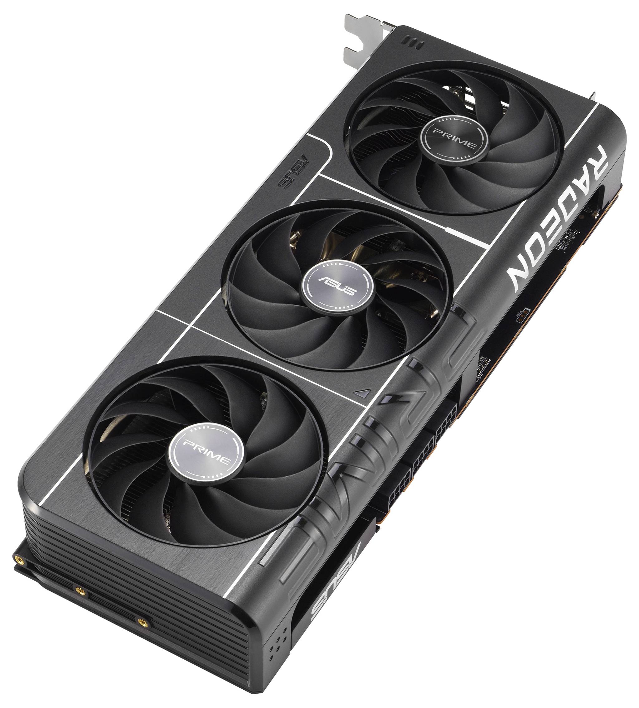 Scheda grafica nera con tre grandi ventole e scritta 'RADEON' sul lato, che mostra un potente sistema di raffreddamento.