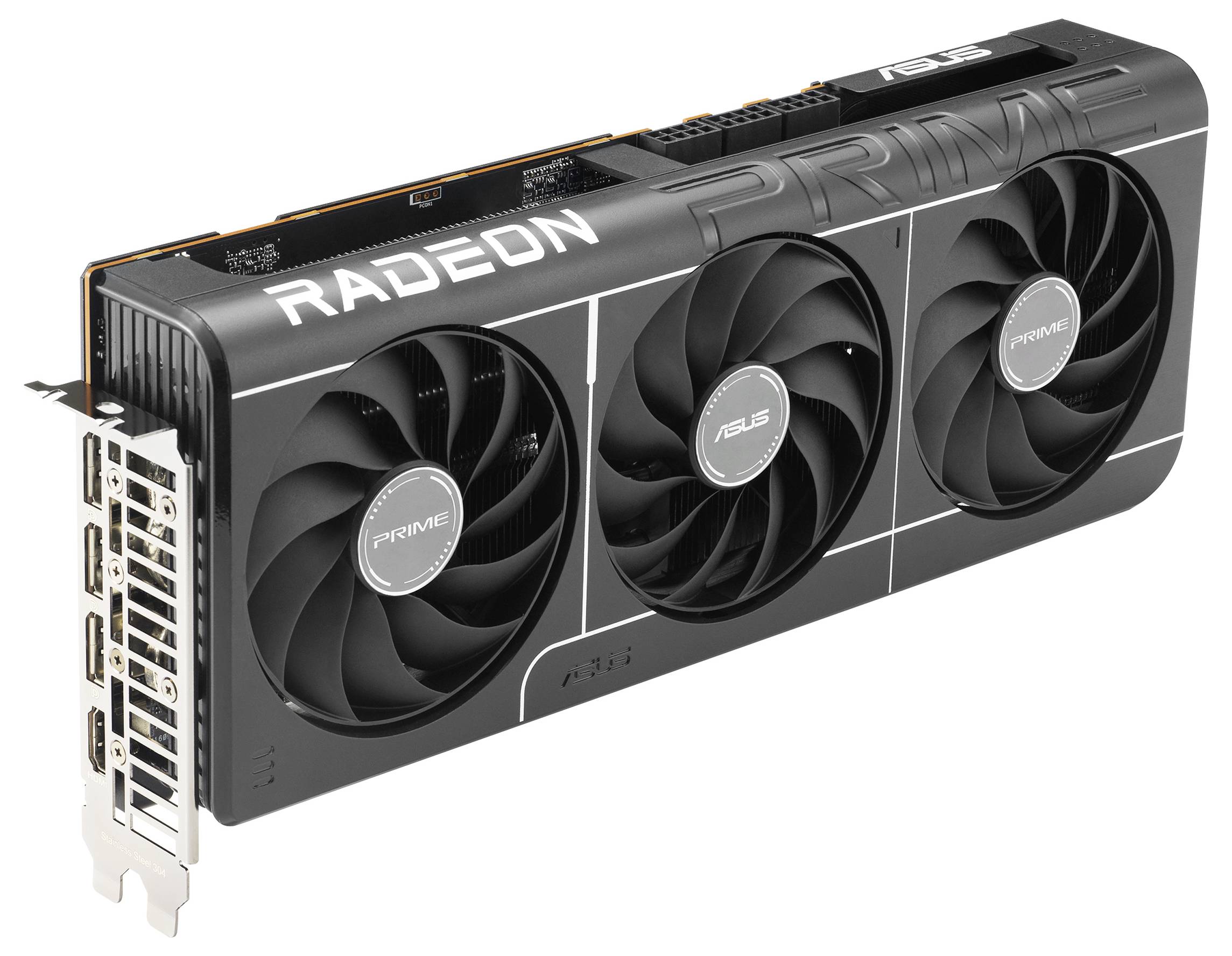 Una scheda grafica Asus, modello 'Radeon Prime', dotata di tre ventole. Presenta diversi attacchi per display video sul lato.