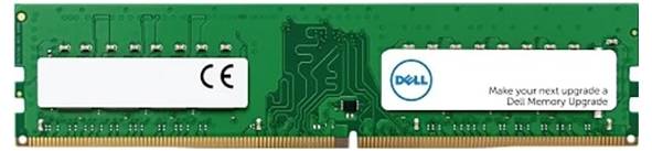 Un modulo RAM verde di Dell, con un marchio CE a sinistra e il logo Dell a destra, mostra un invito all'aggiornamento della memoria.