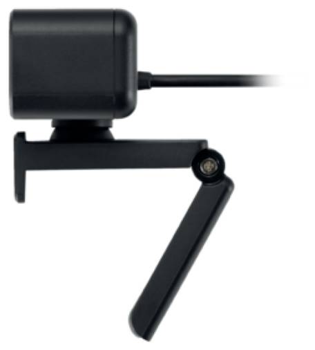 Una webcam nera ripresa lateralmente, con cavo e base regolabile, idonea per il fissaggio a monitor o superfici.