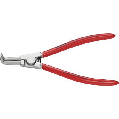 Una pinza per anelli elastici di colore rosso con punte curve, adatta per afferrare e fissare anelli di sicurezza.