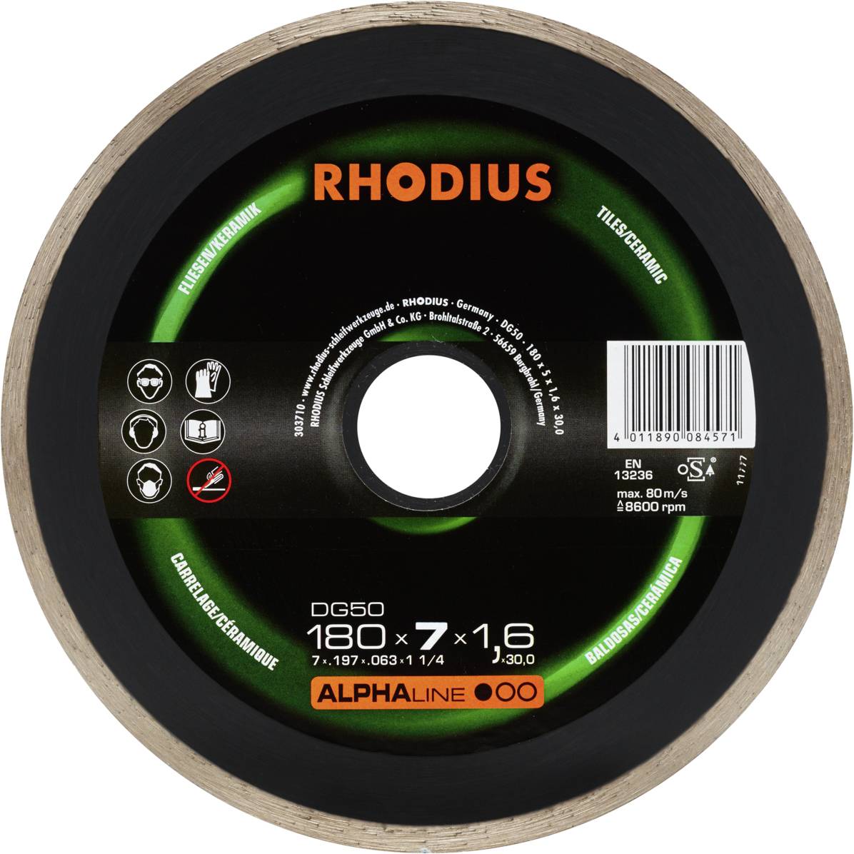 'RHODIUS' Disco da taglio, 180 x 7 x 1,6 mm, idoneo per piastrelle/ceramica, con codice a barre e informazioni sul prodotto su sfondo nero.