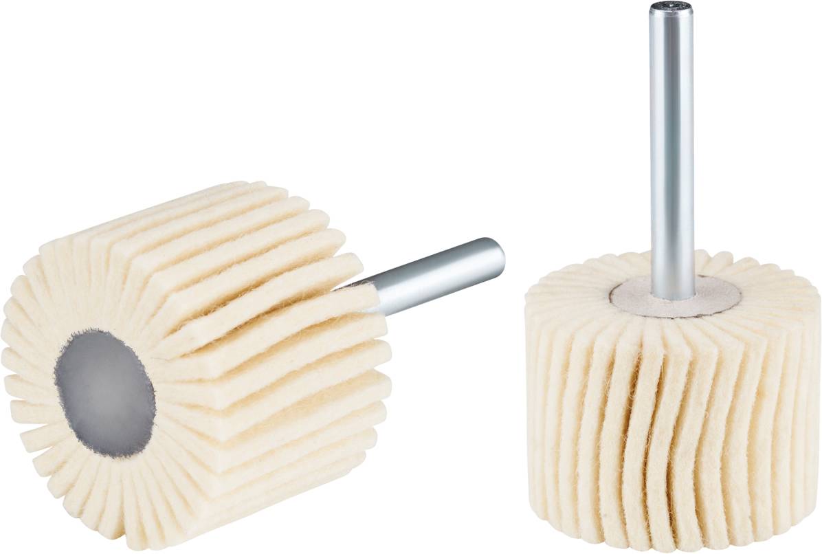 Due dischi in feltro con gambi metallici da utilizzare su supporti per trapani. Ideali per lucidare e levigare superfici.