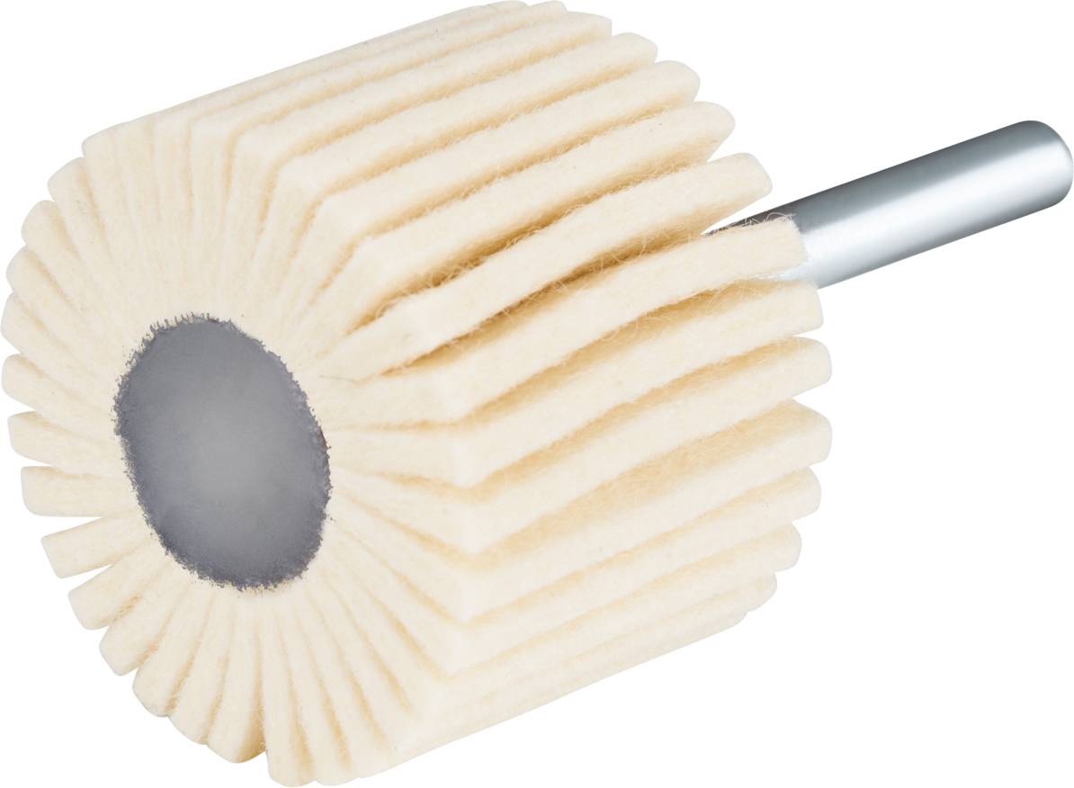 Coperchio per lucidatura in feltro morbido con numerosi solchi e un manico argentato, idoneo per una lucidatura precisa delle superfici.