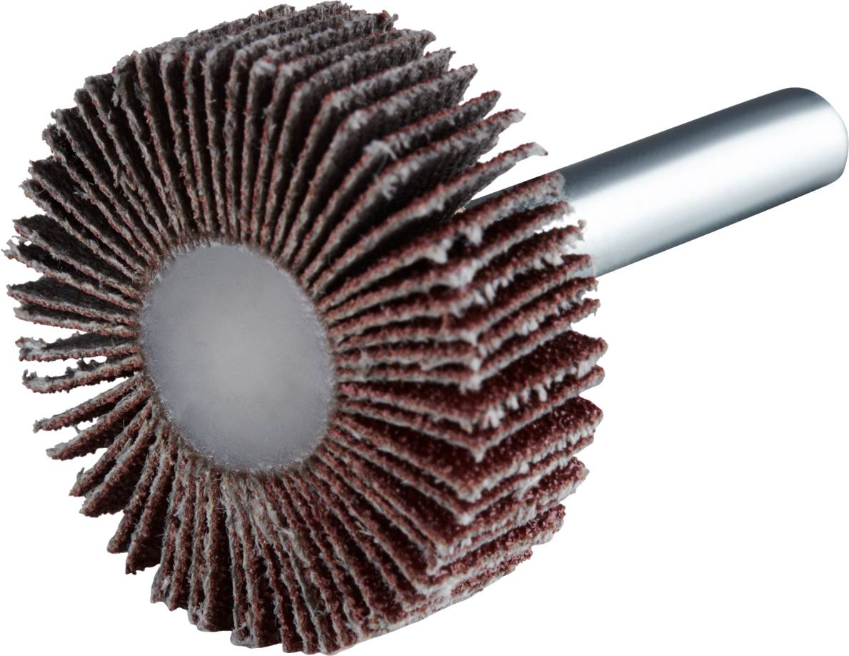Mop abrasivo con supporto metallico, con lamelle abrasive disposte radialmente per la lavorazione superficiale e l'asportazione di materiale.