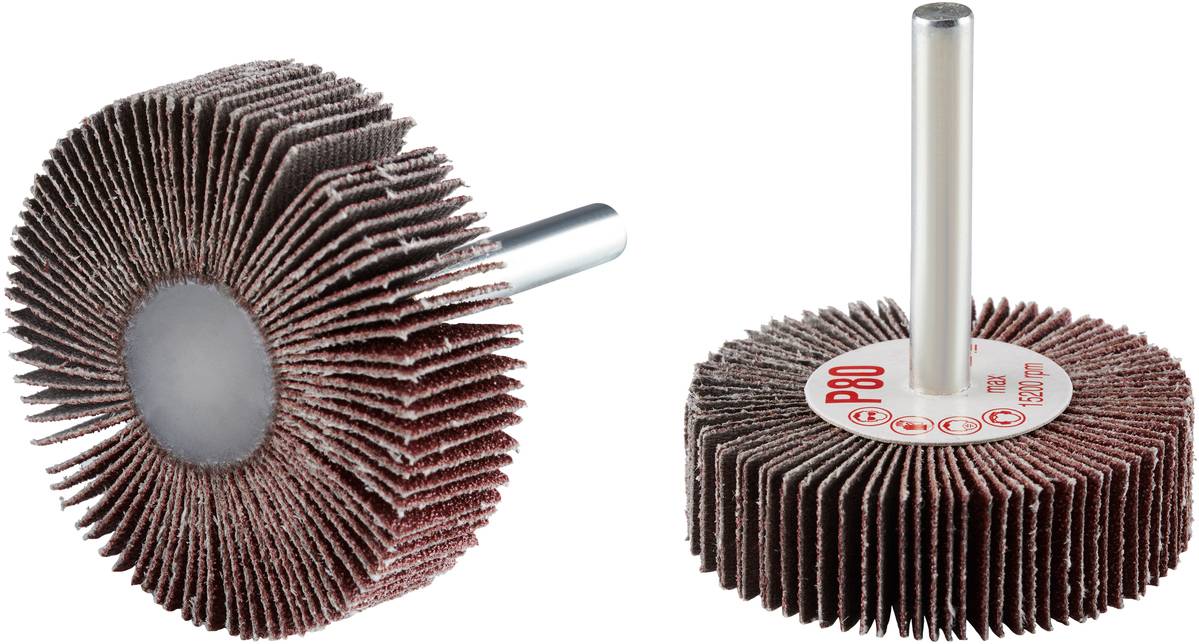 'Due mole abrasive in tela abrasiva con granulometria P80 su un asse metallico, raffigurate lateralmente e frontalmente.'
