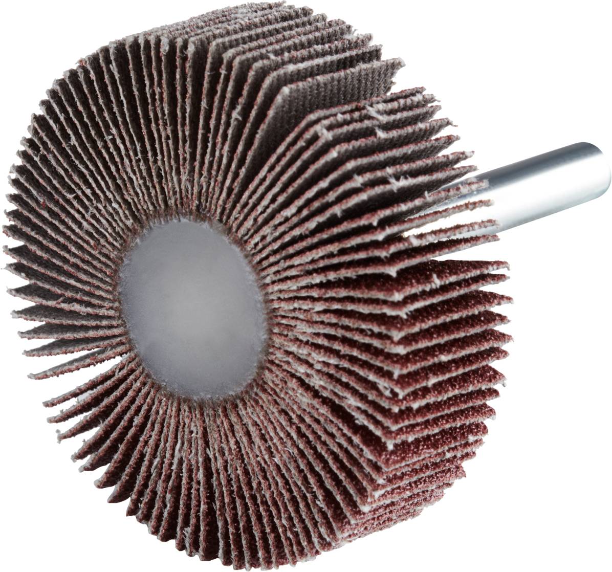Accessorio abrasivo a ventaglio per trapano, realizzato in materiale abrasivo marrone, idoneo per levigare e lucidare superfici.