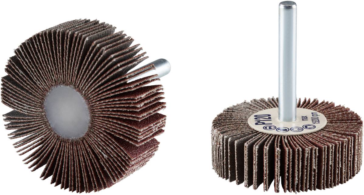 Due mole abrasive di carta vetrata, una dall'alto e una lateralmente, con un perno metallico al centro.