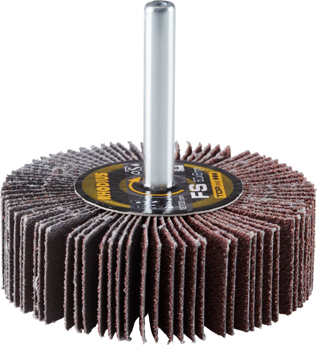 Mop abrasivo a lamelle con albero cilindrico e lamelle abrasive disposte radialmente, idoneo per la lavorazione di superfici metalliche.
