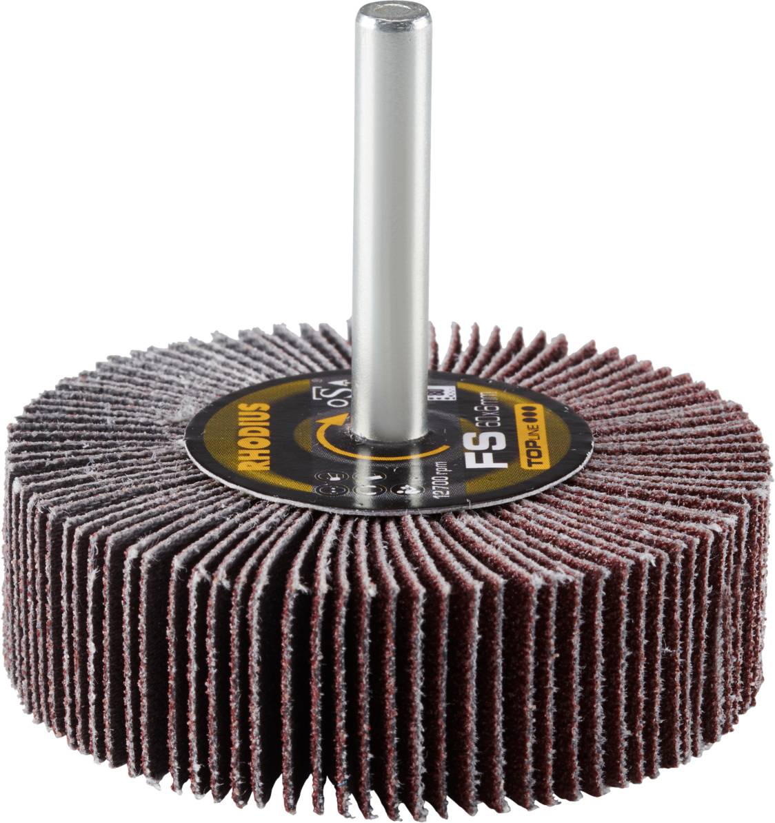 Un mop abrasivo con lamelle rosso-marroni e un perno metallico per la lavorazione meccanica delle superfici.
