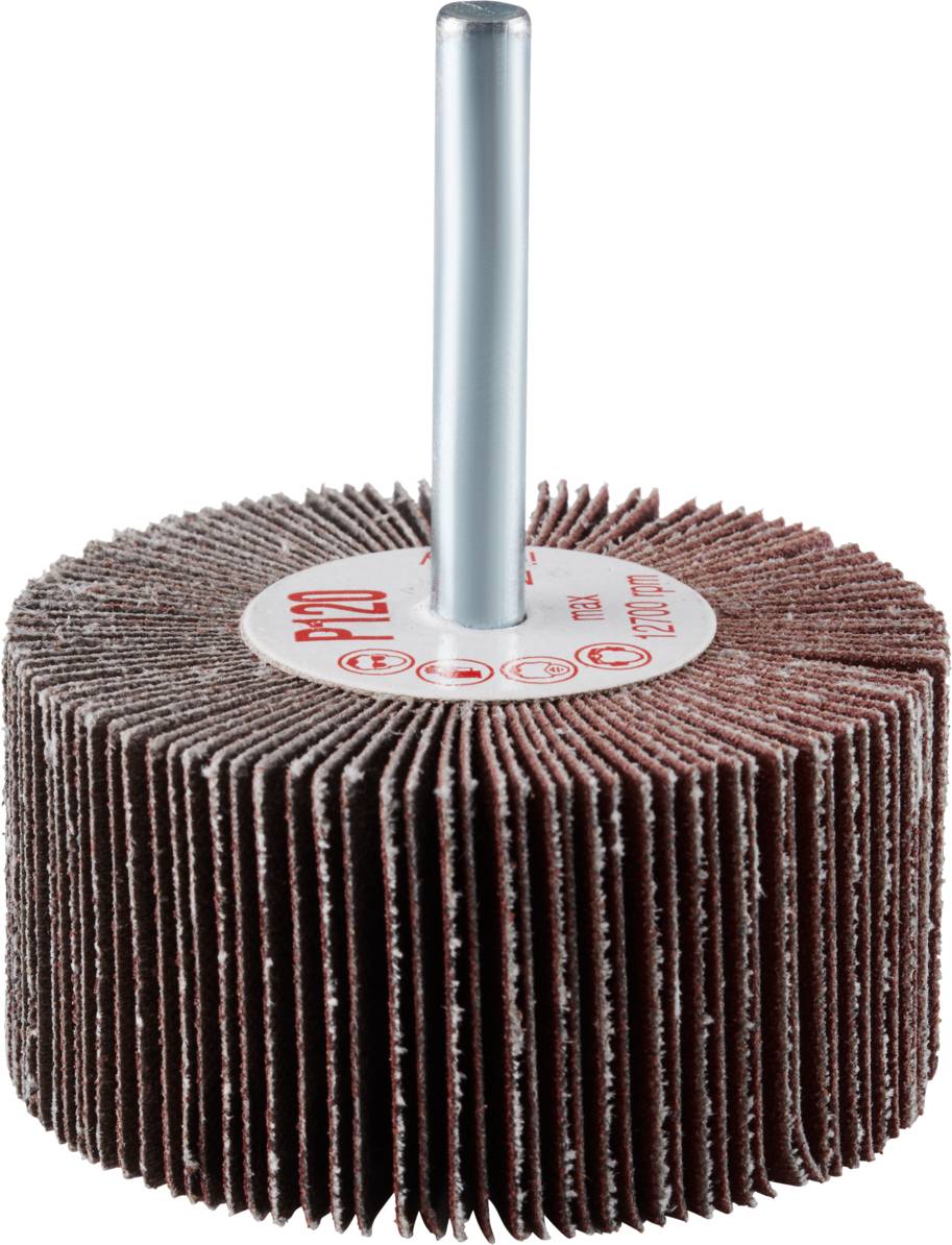 Mop abrasivo con asta, adatto per lavori di levigatura su superfici metalliche; mostra lamelle abrasive disposte intorno a un asse centrale.