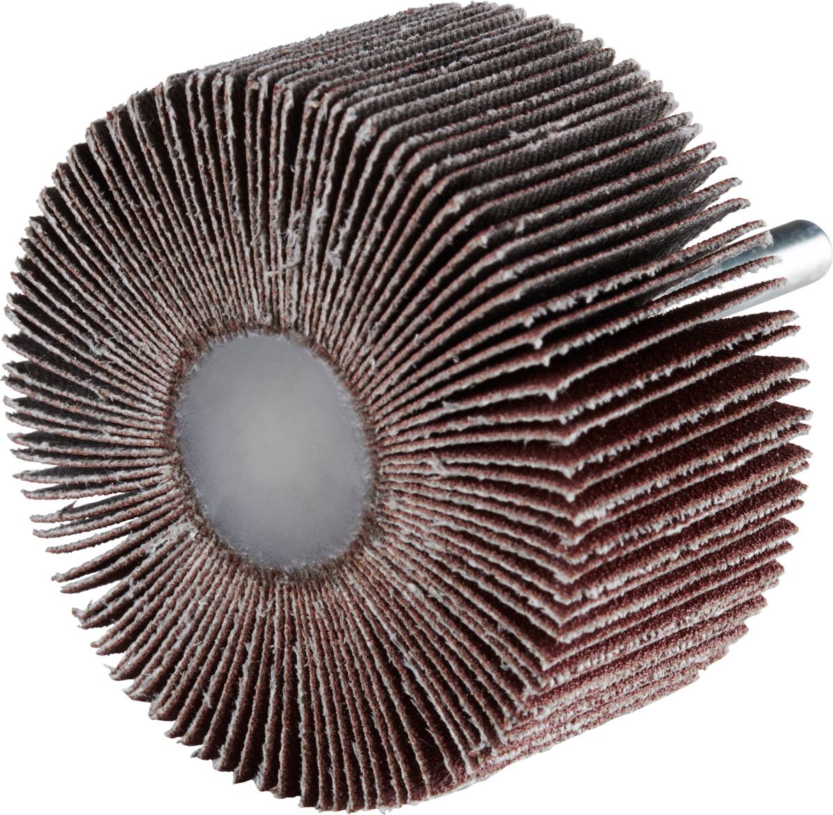 Uno strumento da taglio cilindrico con lame abrasive disposte radialmente e un gambo metallico per il fissaggio in un trapano.