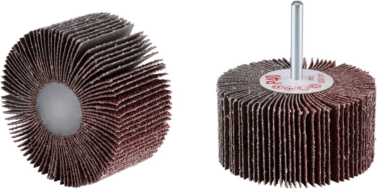 Mop abrasivo con lamelle di carta vetrata e asse metallica montata, adatto per la levigatura di superfici metalliche e lignee.