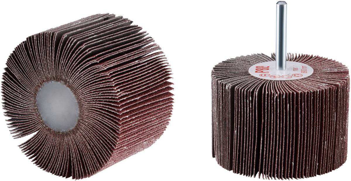 Due punte abrasive in forma cilindrica con lamelle abrasive rosso-marroni e perno metallico. A sinistra: vista dall'alto. A destra: vista laterale.