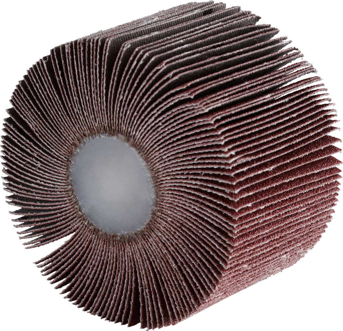 Un vello abrasivo rotondo con numerose lamelle disposte radialmente, utilizzato per lucidare o levigare superfici.