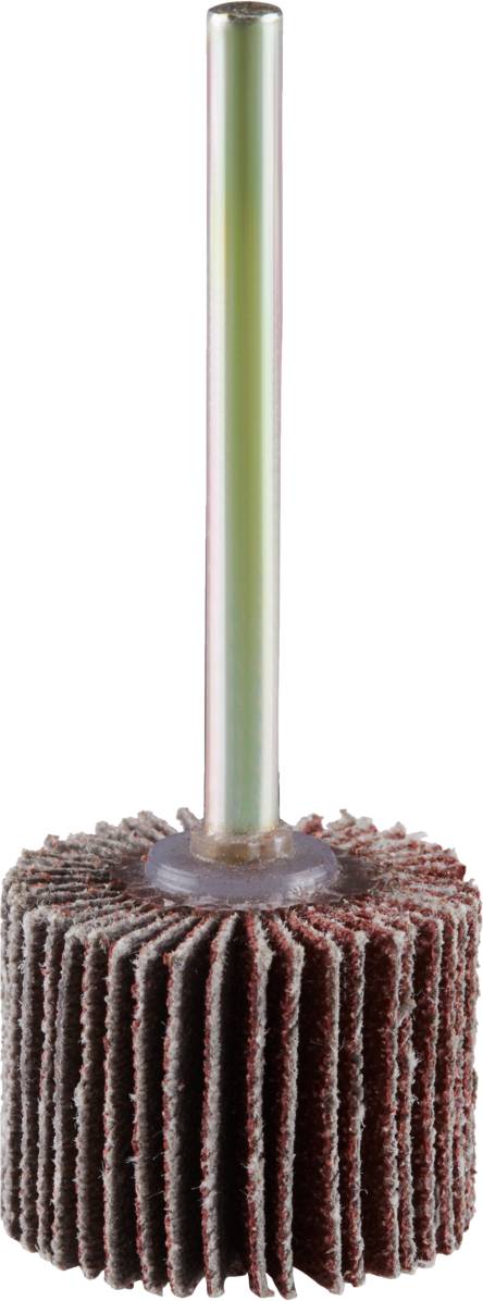 Mop abrasivo con manico, composto da diversi strati lamellari, utilizzato per la levigatura superficiale o la lucidatura di materiali.