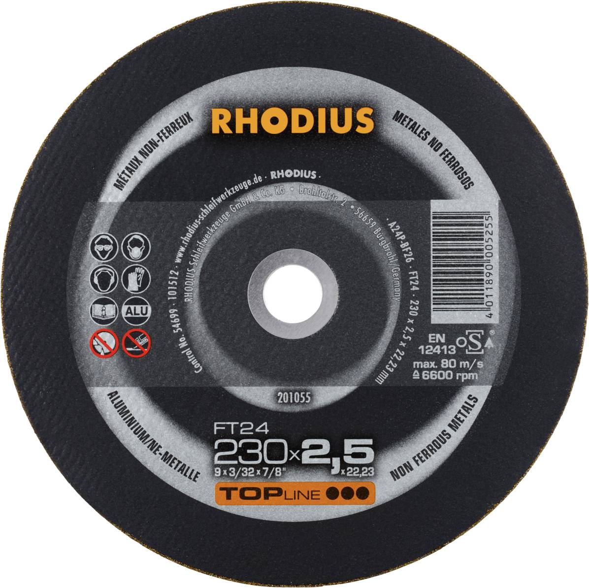 Disco abrasiva 'Rhodius' per metallo, 230 x 2,5 mm. Contiene simboli di avvertenza per la sicurezza e il materiale. Velocità massima 80 m/s.