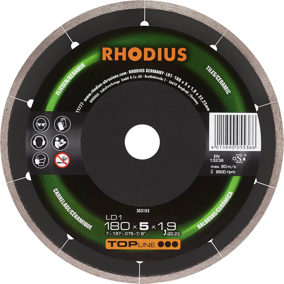 Un disco da taglio Rhodius per piastrelle, ceramica e marmo. Con pittogrammi per l'utilizzo, marcatura CE e specifiche tecniche.