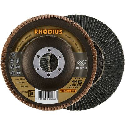 Disco abrasivo con la scritta 'RHODIUS'. Specifiche: max 80 m/s, 13286 giri/min, 115 x 22,23 mm. Adatto per la lavorazione dei metalli.
