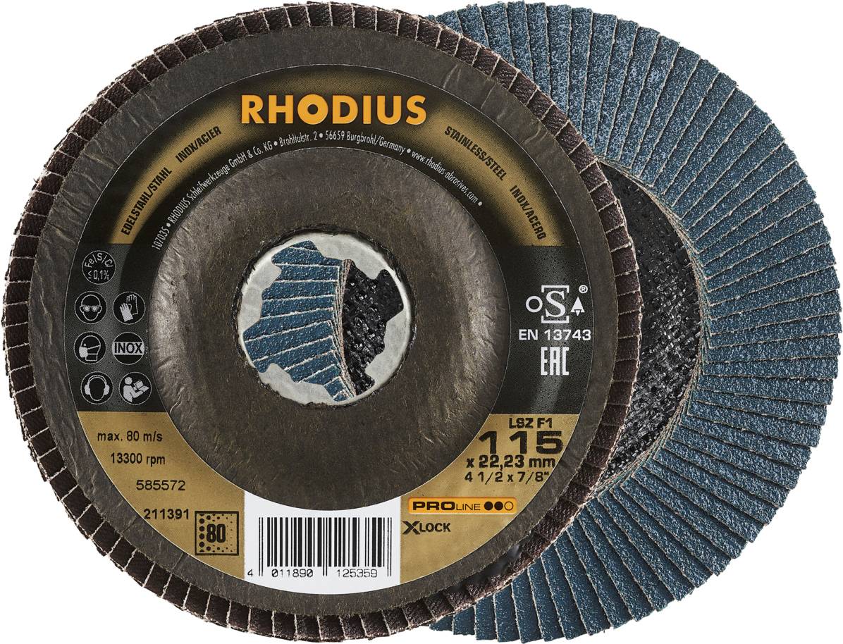 'RHODIUS' Disco da taglio con attacco X-Lock, idoneo per lavorazione metalli, diametro 115 mm, grana 80, certificato EN 13743.